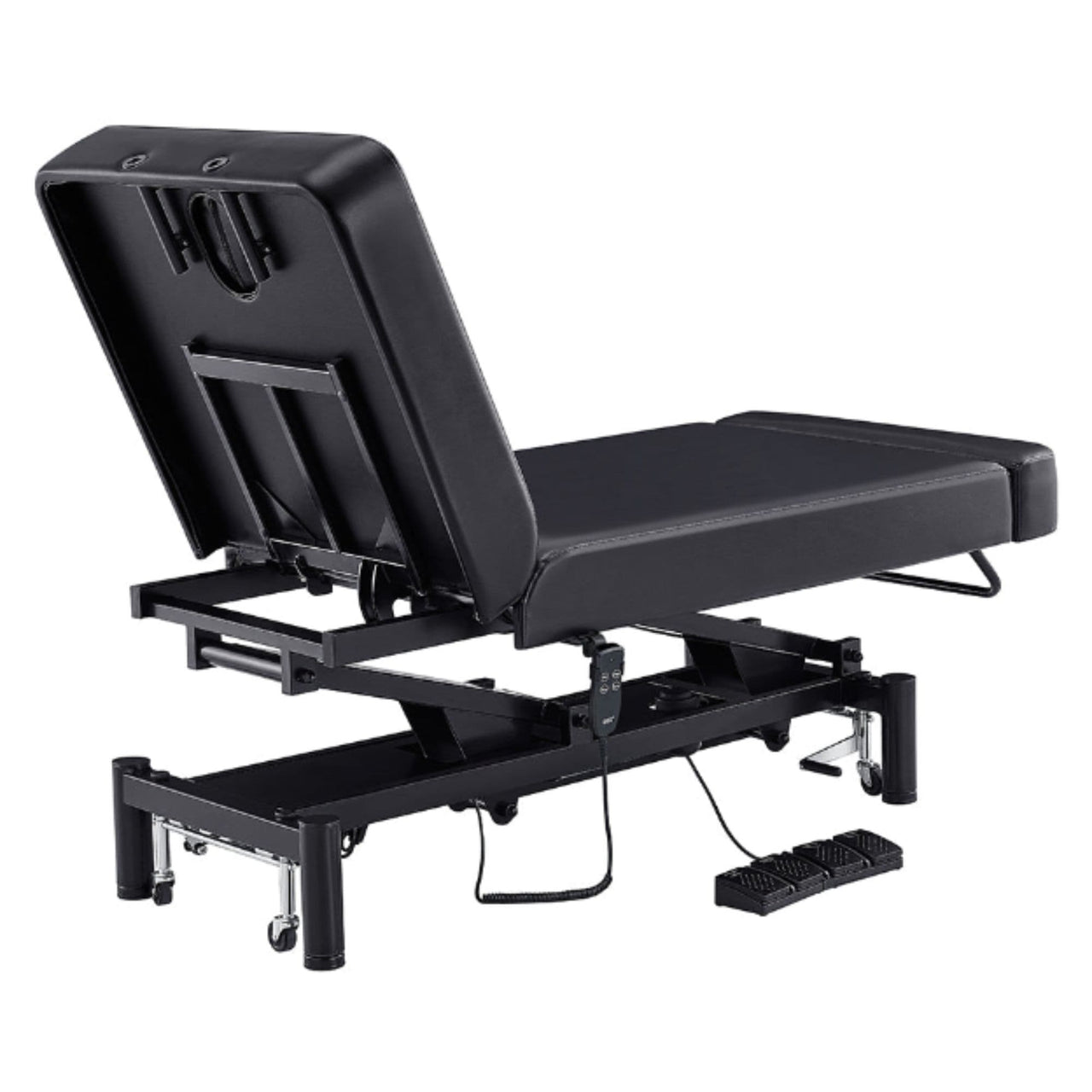 DIR WellRelax Dual-Motor Treatment Table with Cradle Pillow Black Rear Angled View With Foot Control On White Background