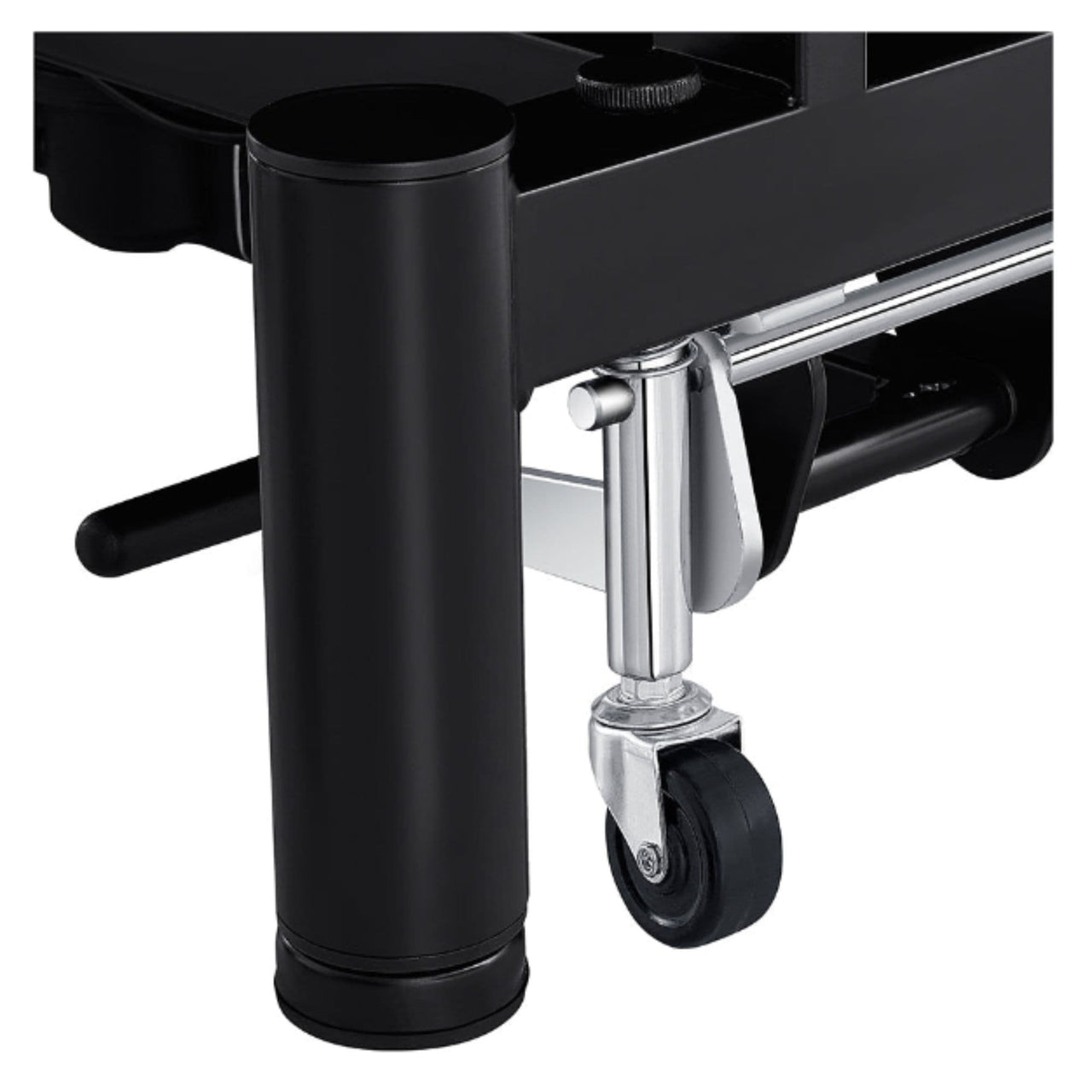 DIR WellRelax Dual-Motor Treatment Table with Cradle Pillow Close-Up View Of Black Caster Wheel And Base Frame On White Background