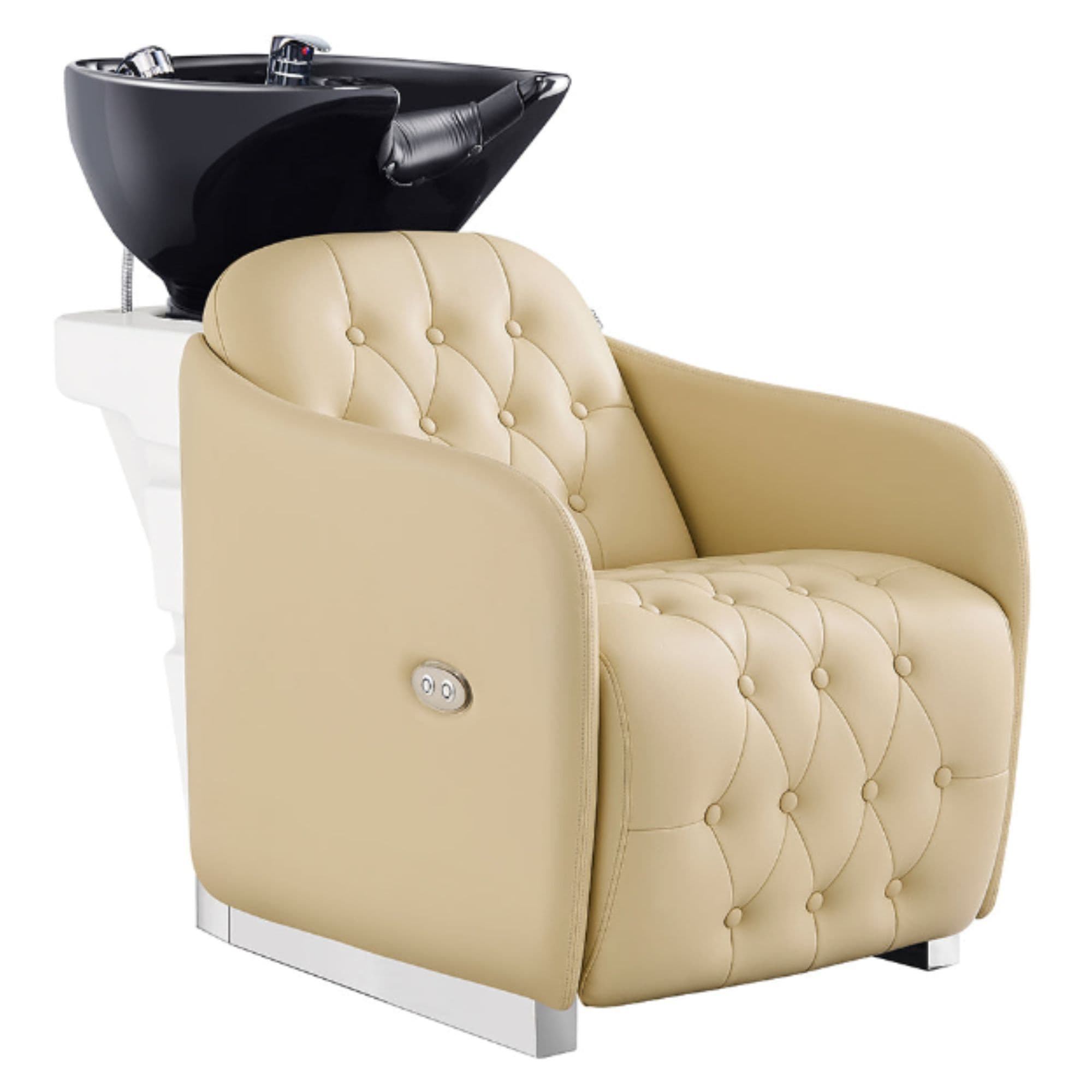 DIR Yume Dreaming Electric Salon Backwash Station Beige Front Angled View With Black Single Sink On White Background