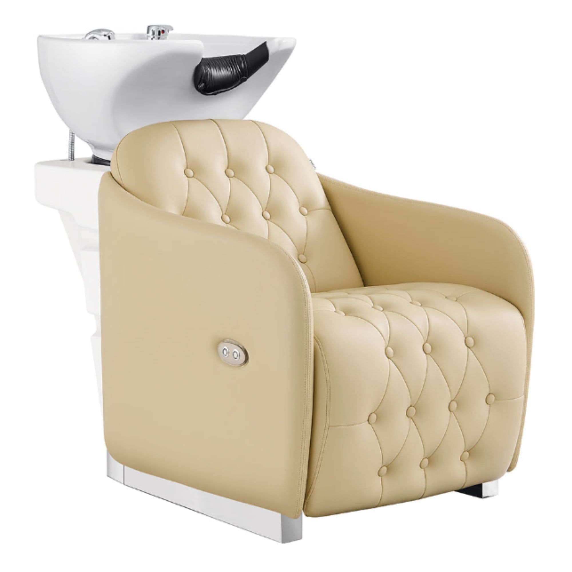 DIR Yume Dreaming Electric Salon Backwash Station Beige Front Angled View With White Single Sink On White Background