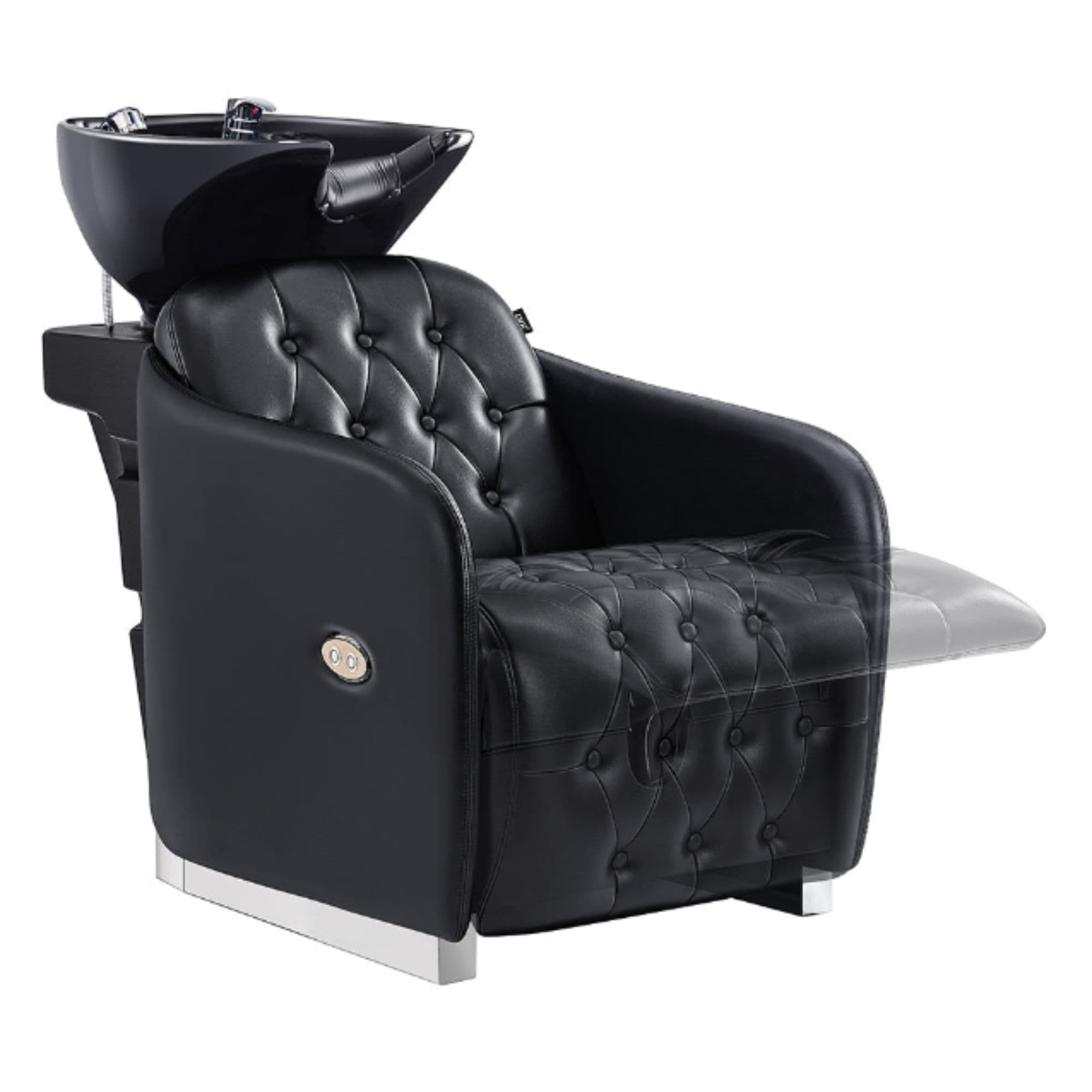 DIR Yume Dreaming Electric Salon Backwash Station Black Front Angled View With Black Single Sink And Extended Leg Rest Demo On White Background
