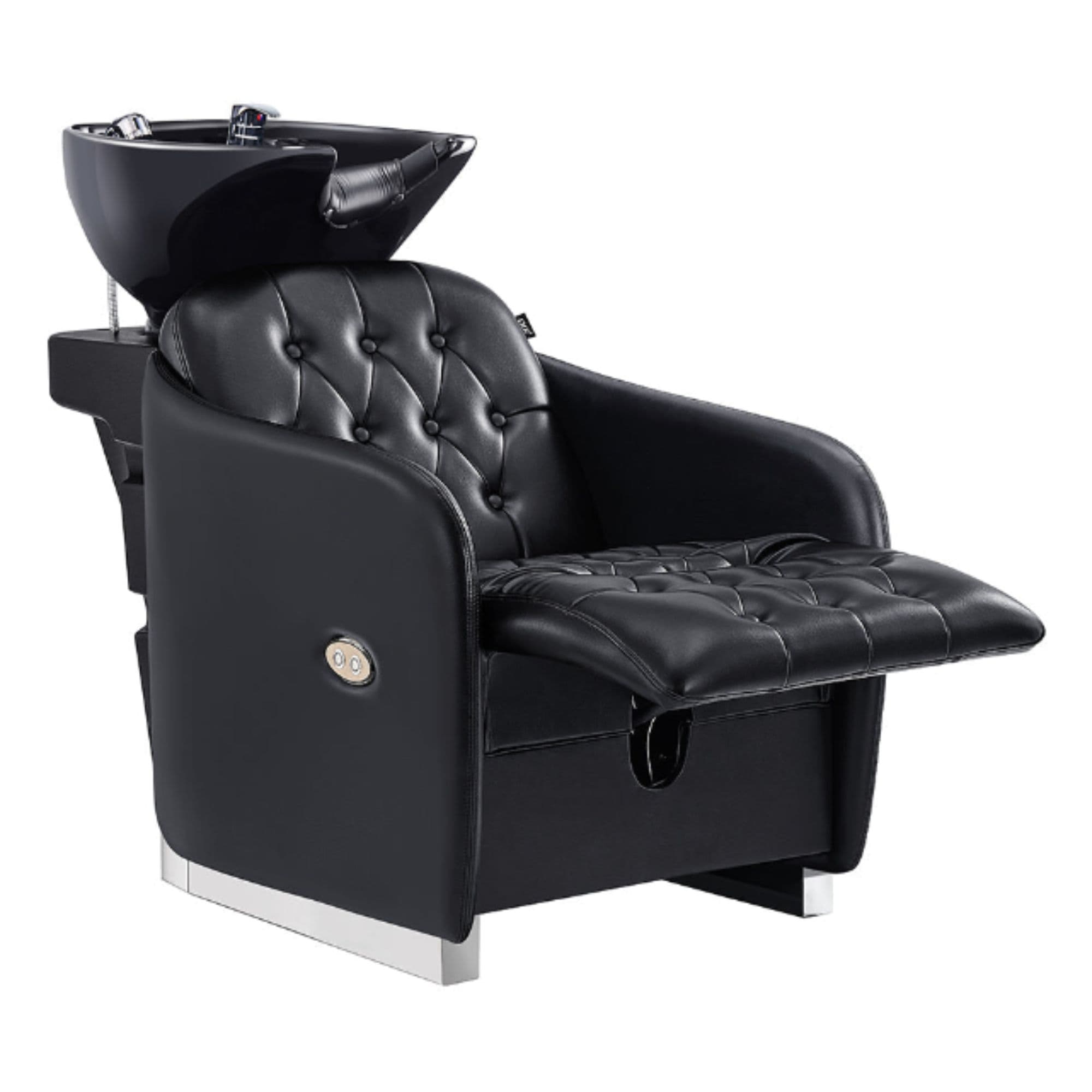 DIR Yume Dreaming Electric Salon Backwash Station Black Front Angled View With Black Single Sink And Extended Leg Rest On White Background