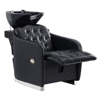 Thumbnail for DIR Yume Dreaming Electric Salon Backwash Station Black Front Angled View With Black Single Sink And Extended Leg Rest On White Background