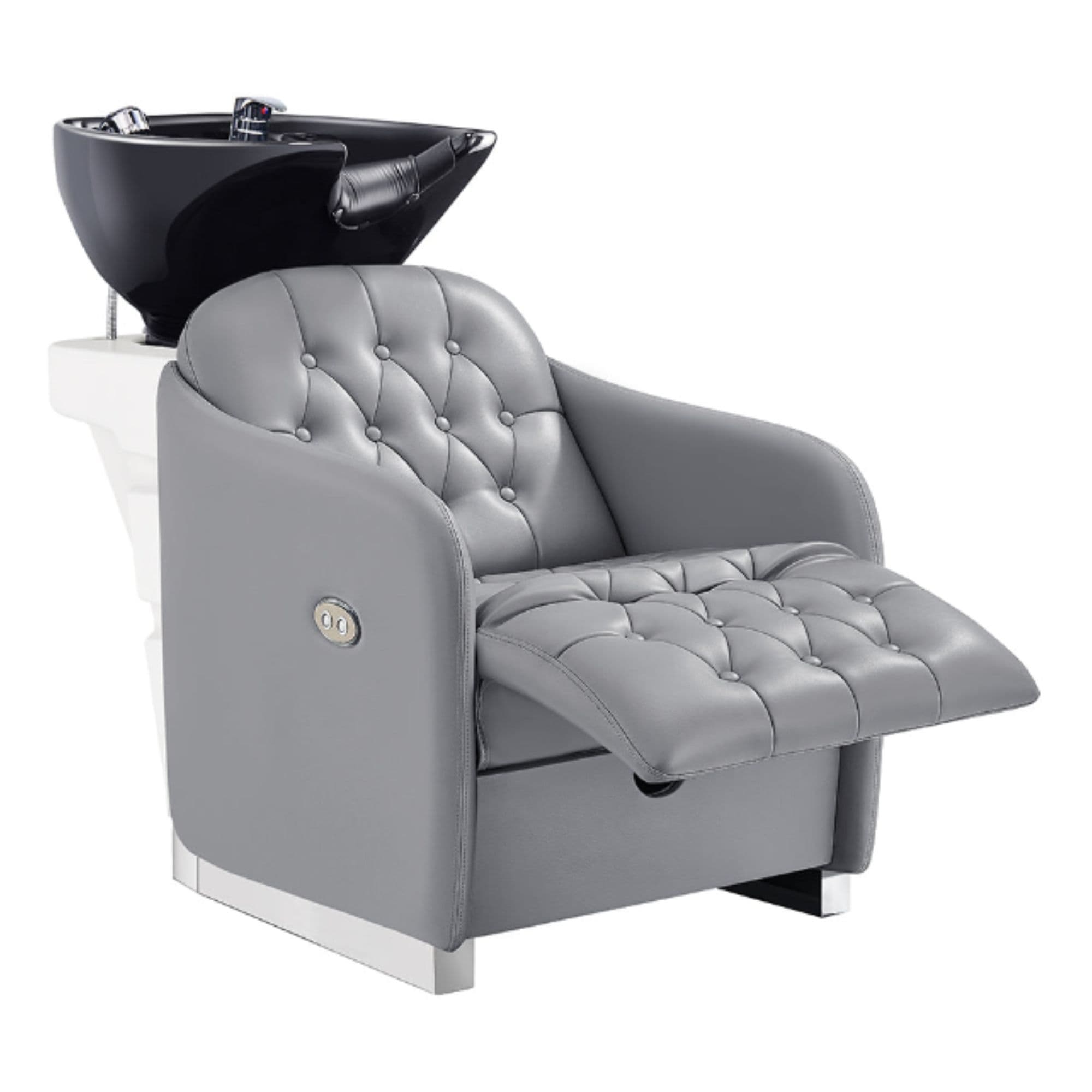 DIR Yume Dreaming Electric Salon Backwash Station Gray Front Angled View With Black Single Sink And Extended Leg Rest