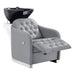 DIR Yume Dreaming Electric Salon Backwash Station Gray Front Angled View With Black Single Sink And Extended Leg Rest