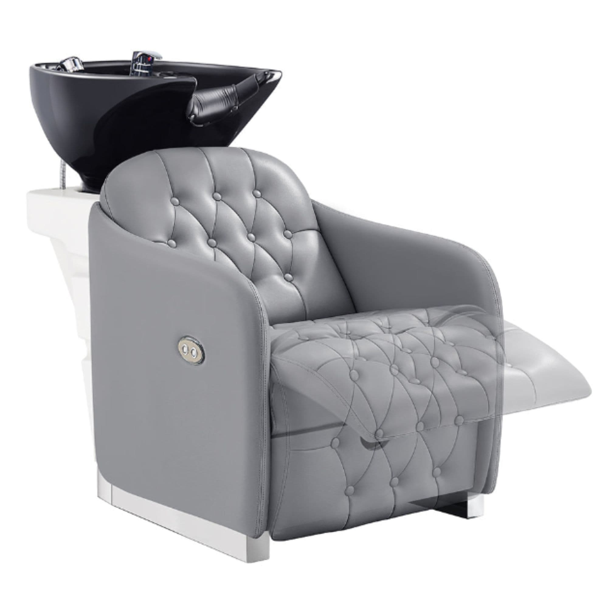 DIR Yume Dreaming Electric Salon Backwash Station Gray Front Angled View With Black Single Sink And Extended Leg Rest Demo