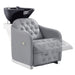 DIR Yume Dreaming Electric Salon Backwash Station Gray Front Angled View With Black Single Sink And Extended Leg Rest Demo