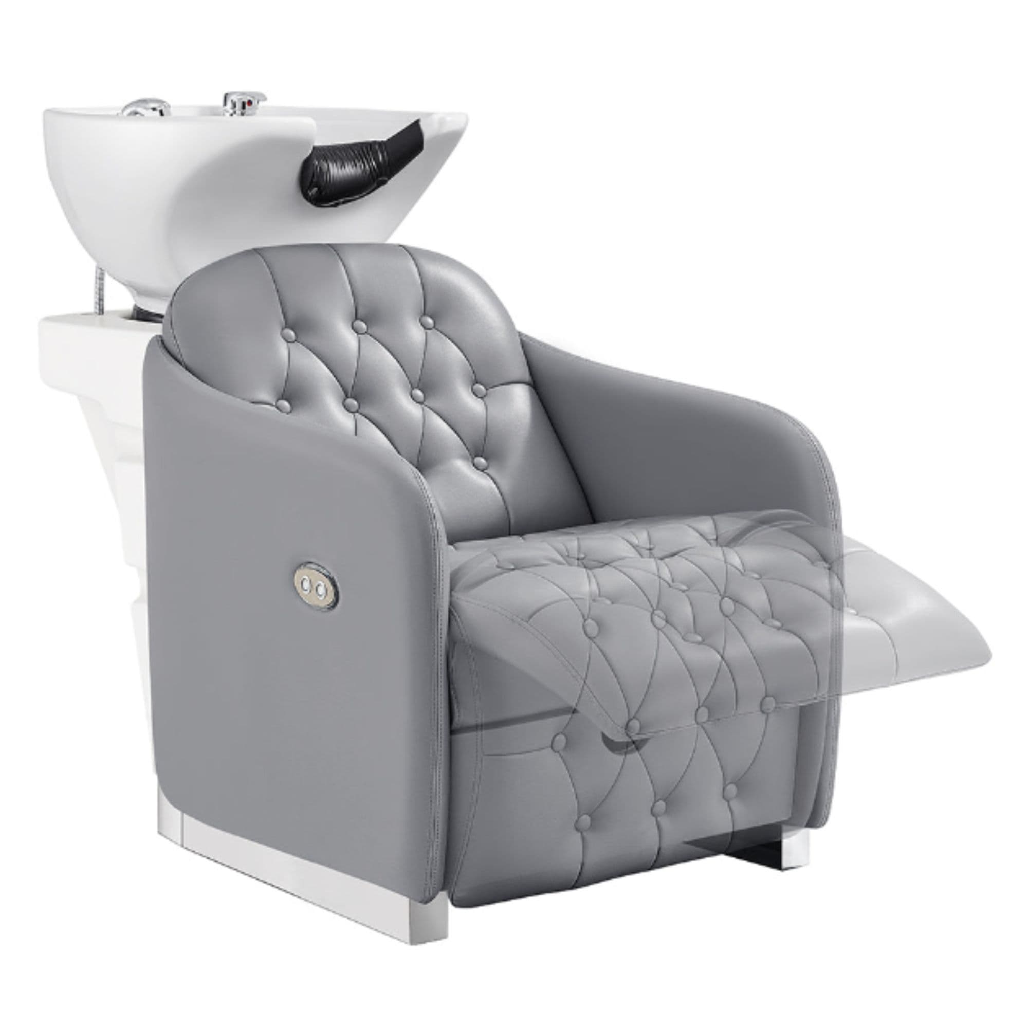 DIR Yume Dreaming Electric Salon Backwash Station Gray Front Angled View With White Single Sink And Extended Leg Rest Demo