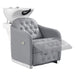 DIR Yume Dreaming Electric Salon Backwash Station Gray Front Angled View With White Single Sink And Extended Leg Rest Demo