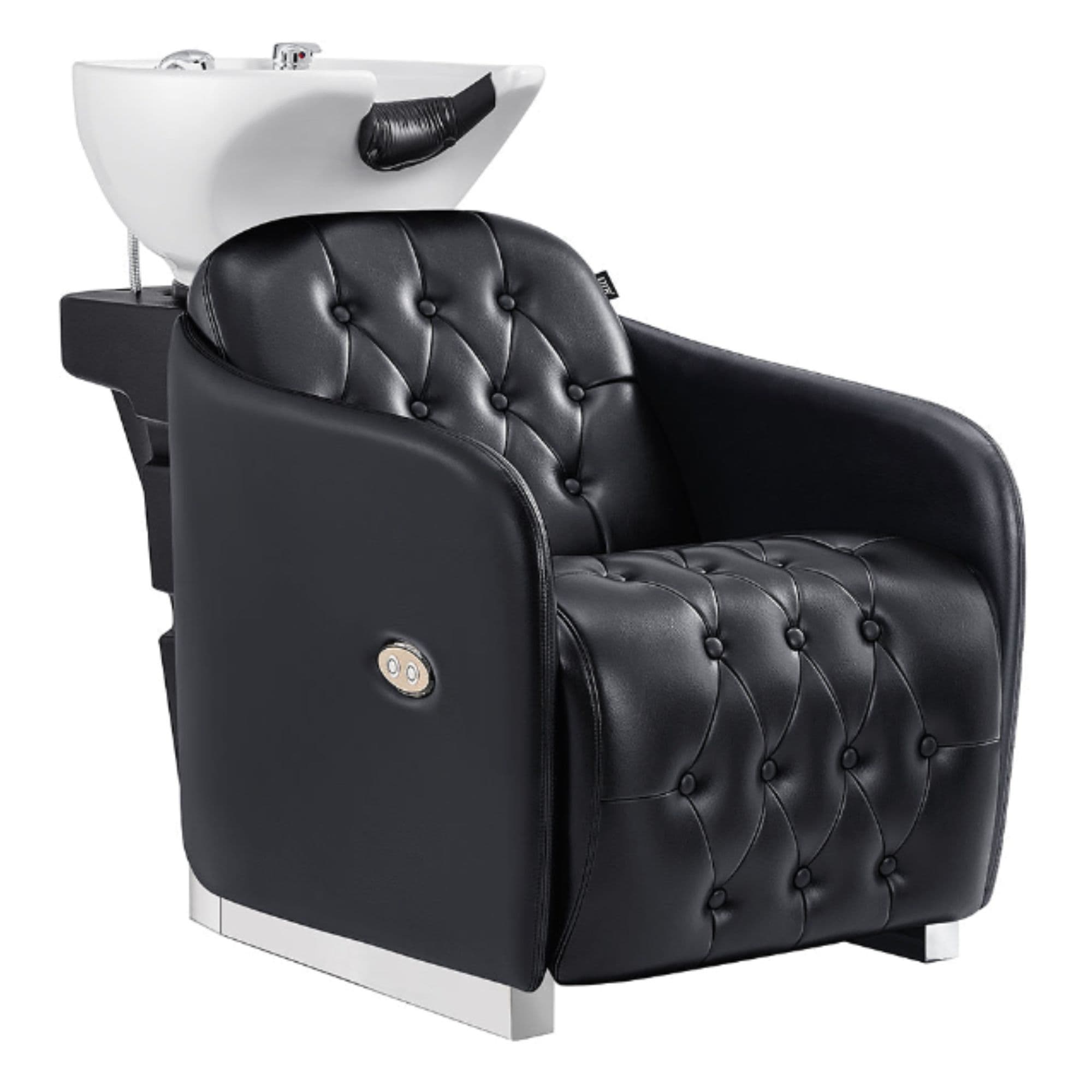 DIR Yume Dreaming Electric Shampoo Backwash Unit Black Front Angled View With White Single Sink On White Background
