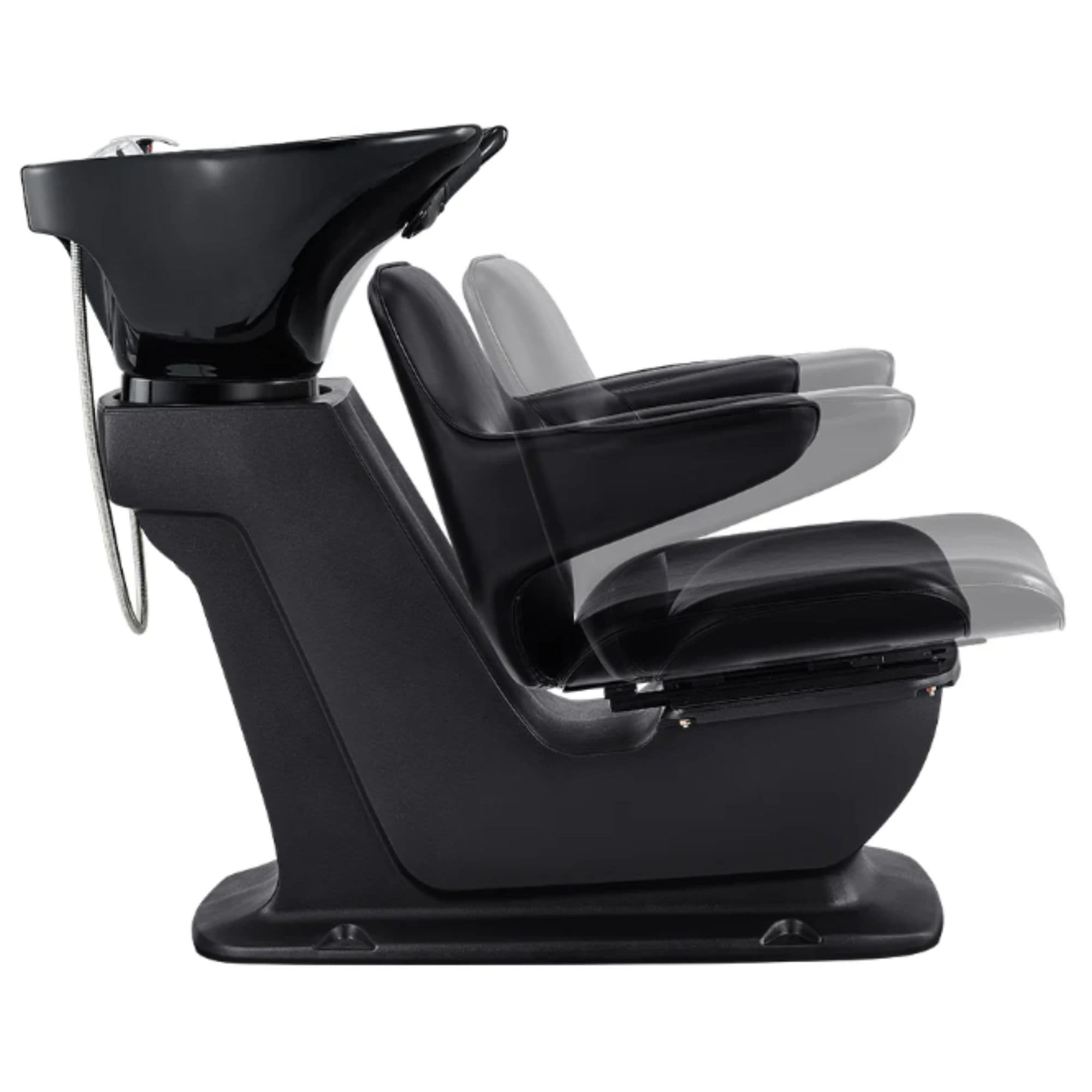 DIR Zenith Shampoo Chair and Bowl with Adjustable Seat Black Side View Of Black Single Shampoo Wash Station With Chair Movement Demonstration