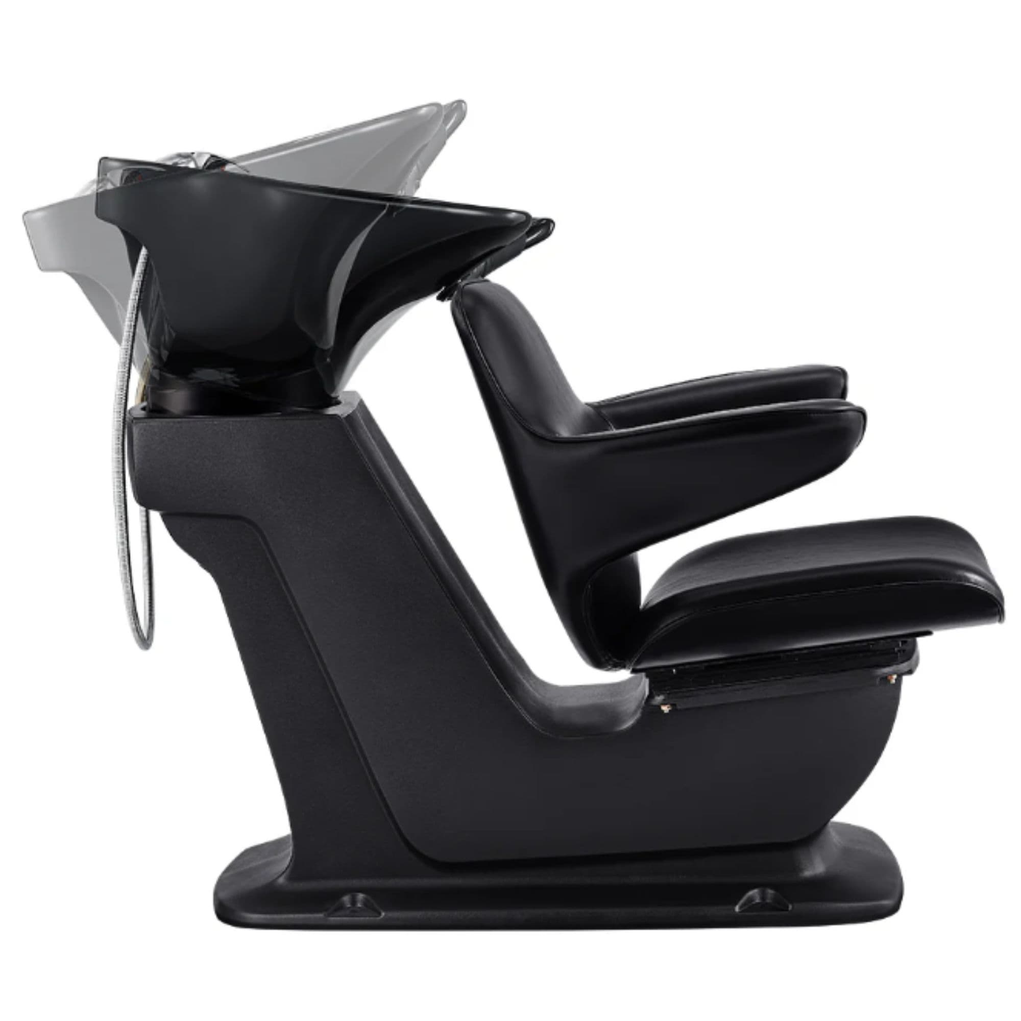 DIR Zenith Shampoo Chair and Bowl with Adjustable Seat Black Side View Of Black Single Shampoo Wash Station With Demonstration