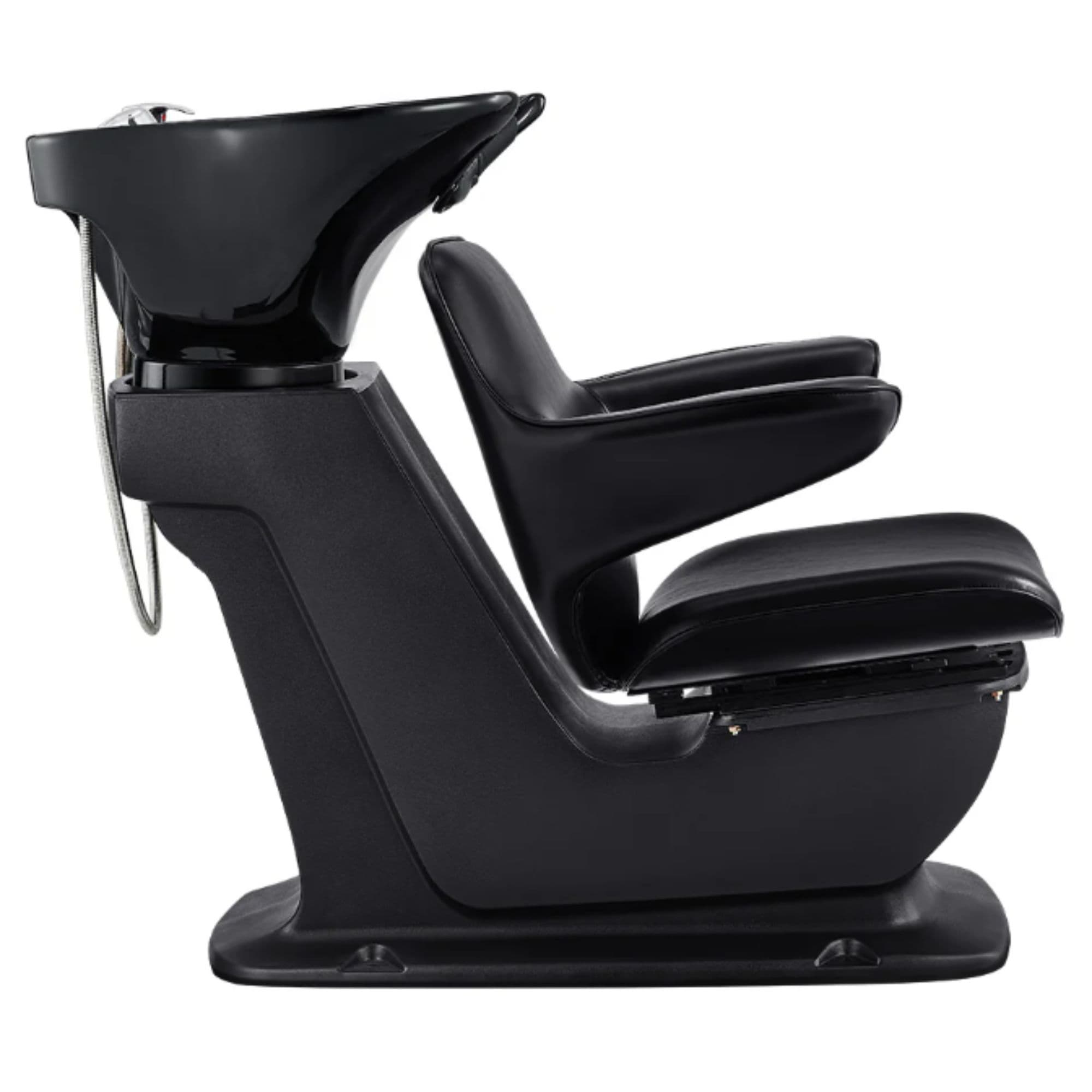 DIR Zenith Shampoo Chair and Bowl with Adjustable Seat Black Side View Of Black Single Shampoo Wash Station With White Clean Background