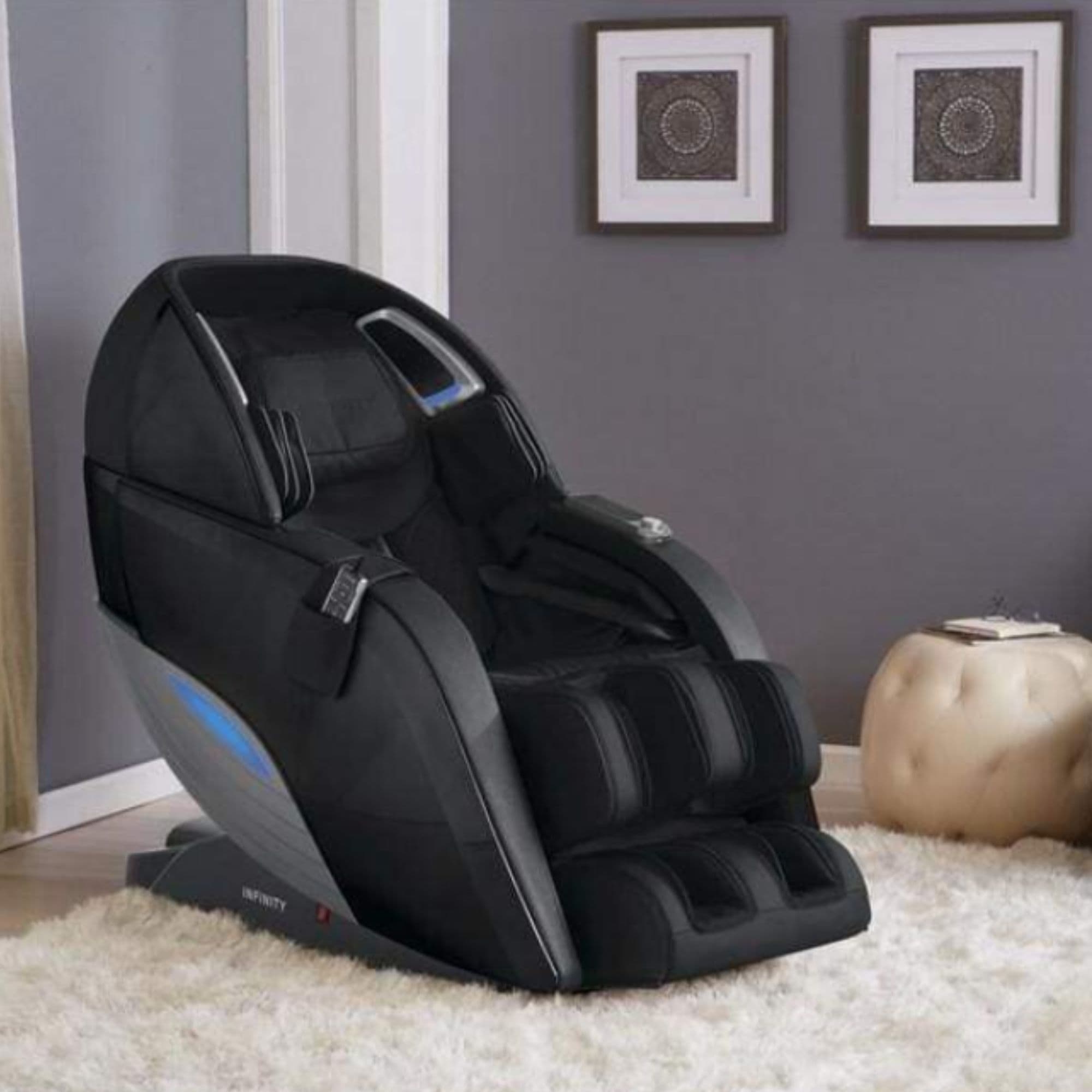 Dynasty Massage Chair Black Variant Front Angled View In A Modern Living Room