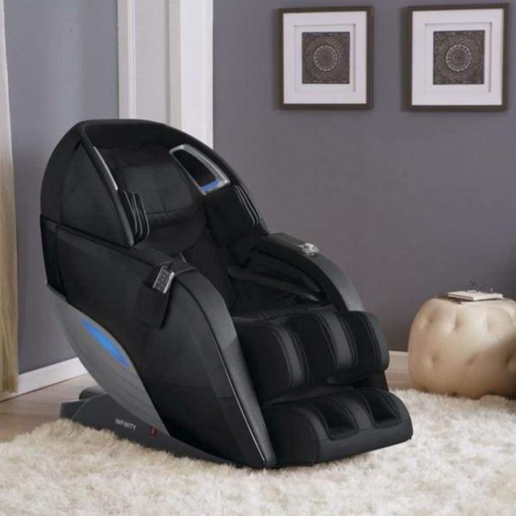 Dynasty Massage Chair CPO Front Angled View On A Cozy Living Room With Wall Frames