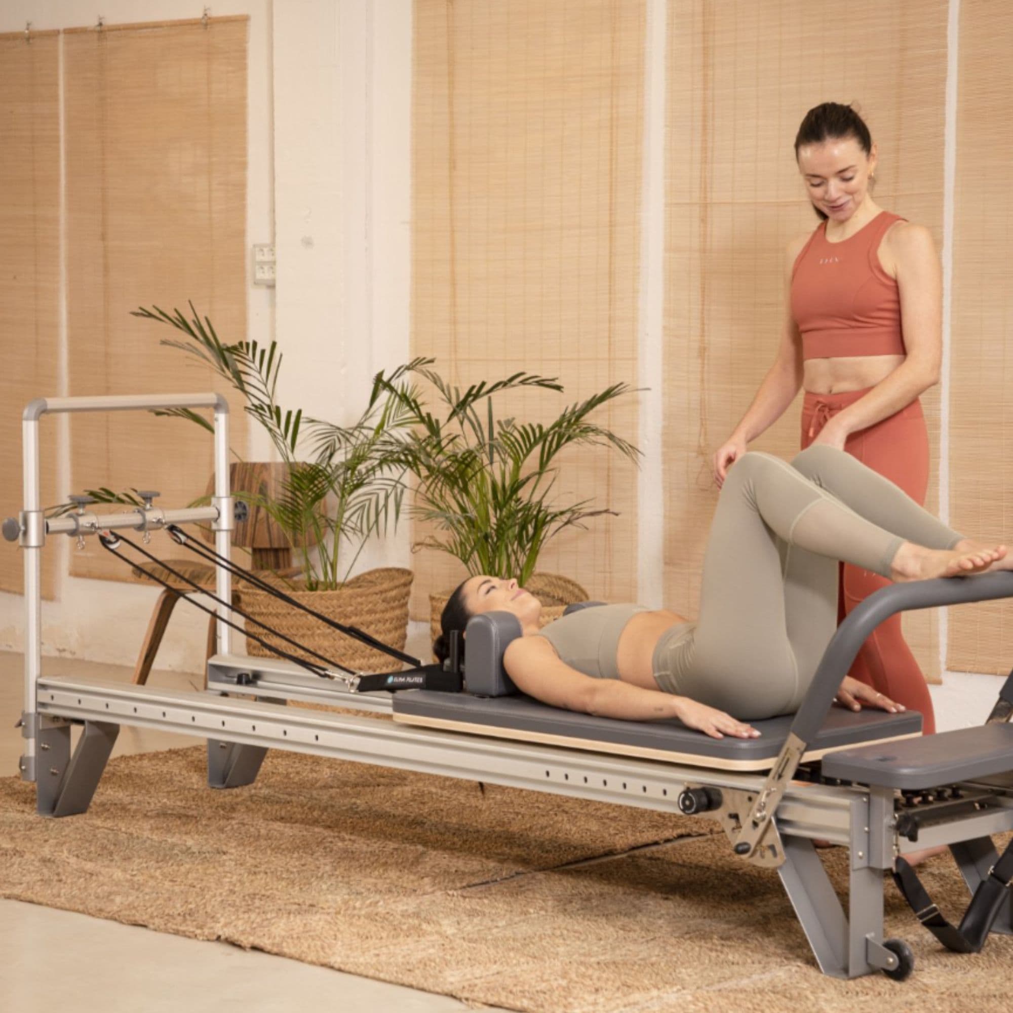 Elina Aluminium Reformer Mentor With Two Women Performing The Exercise With Potted Green Plants In The Background