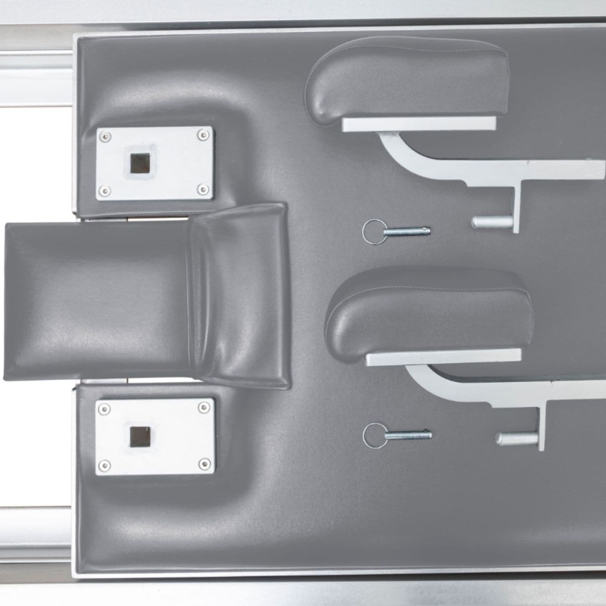 Elina Classic Aluminium Reformer 86 Inches Close-Up View Of Gray Upholstery And Shoulder Rest Assembly Front Angled View On White Background