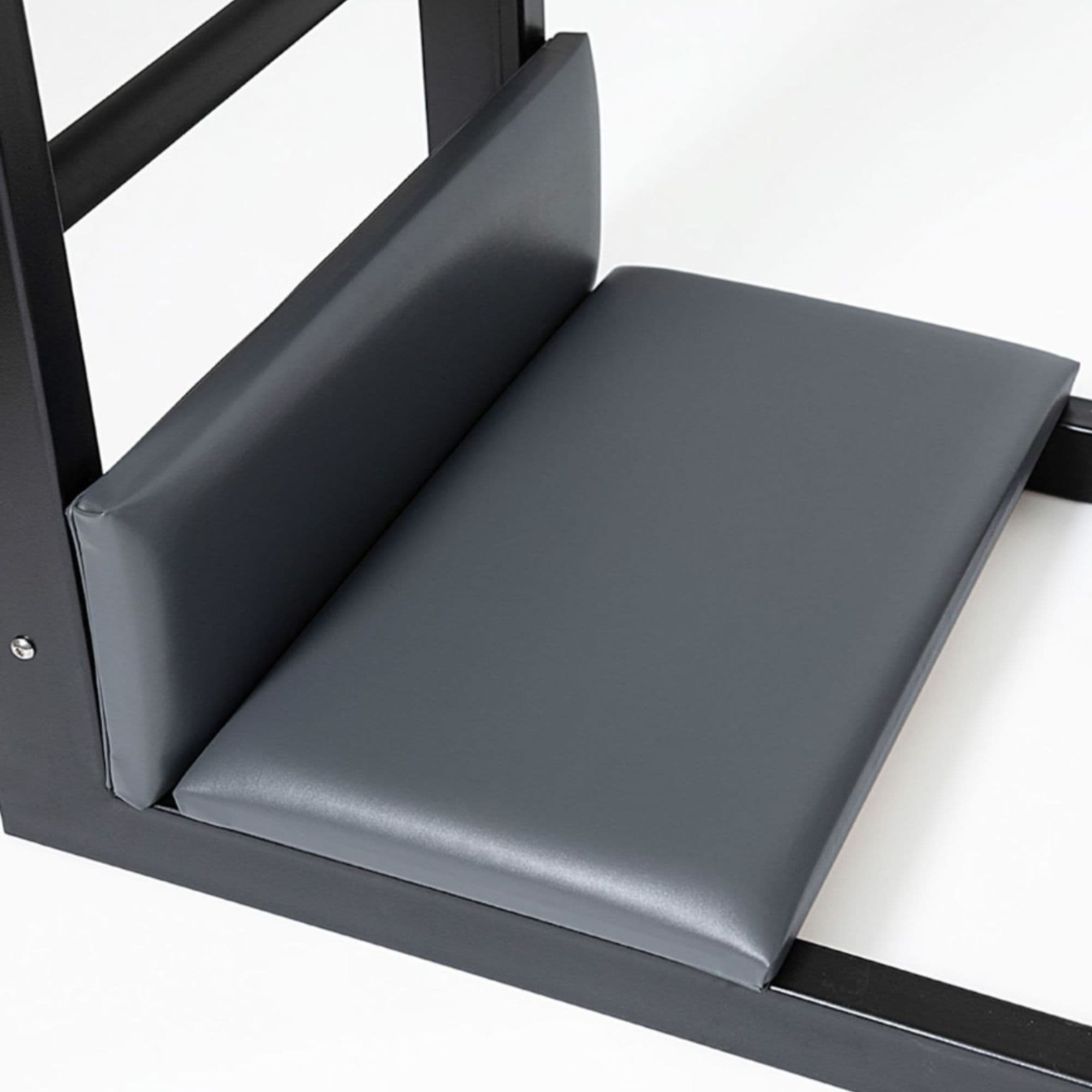 Elina Elite Ladder Barrel with Steel Base Gray Variant Close-Up View Of The Padded Seat And Backrest On A Pilates Ladder Barrel