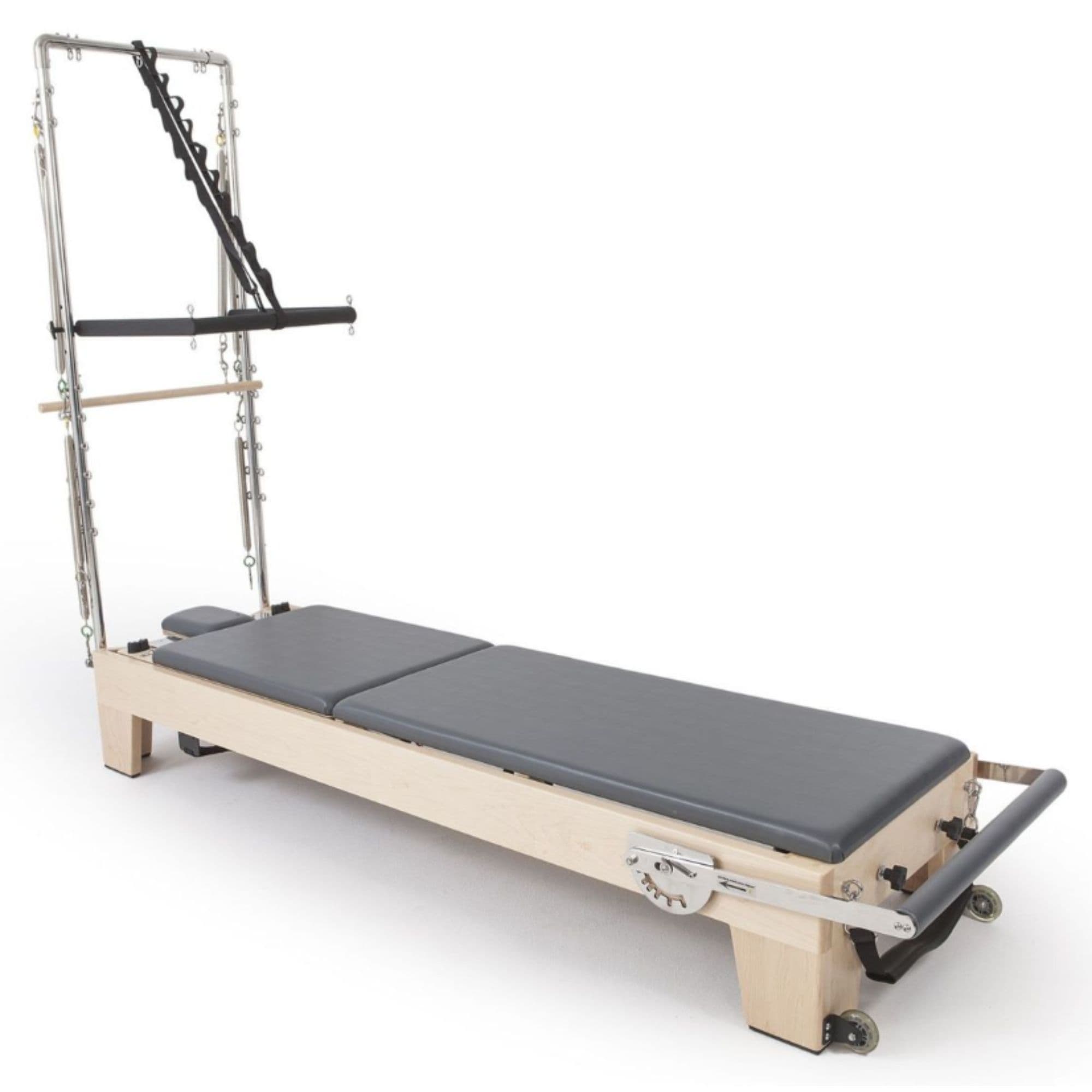 Elina Elite Wood Reformer with Tower Gray Variant Front Angled View With Tower On White Background