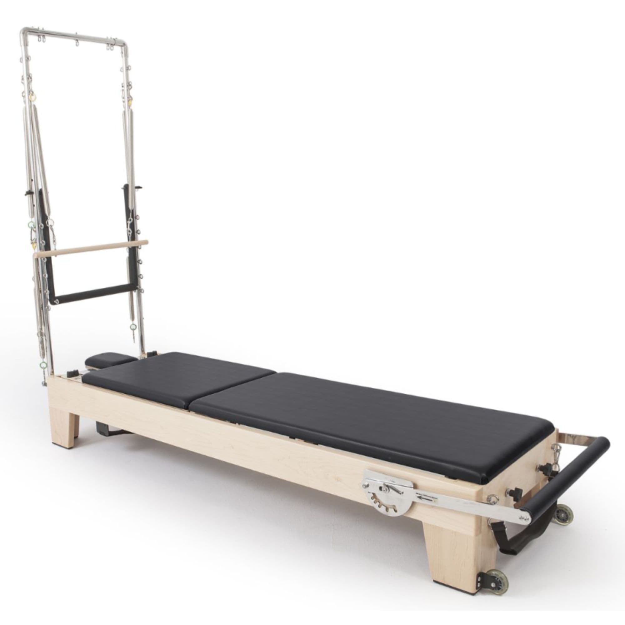 Elina Elite Wood Reformer with Tower With Black Variant Front Angled View On White Background