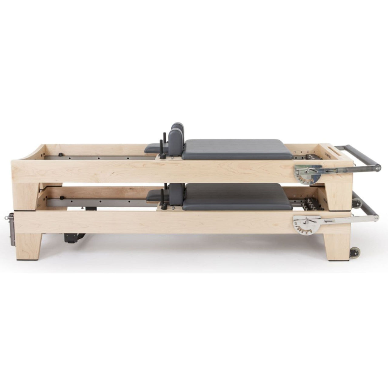Elina Elite Wood Reformer with Tower With Gray Variant Side View In Two Stacked Storage Position On White Background