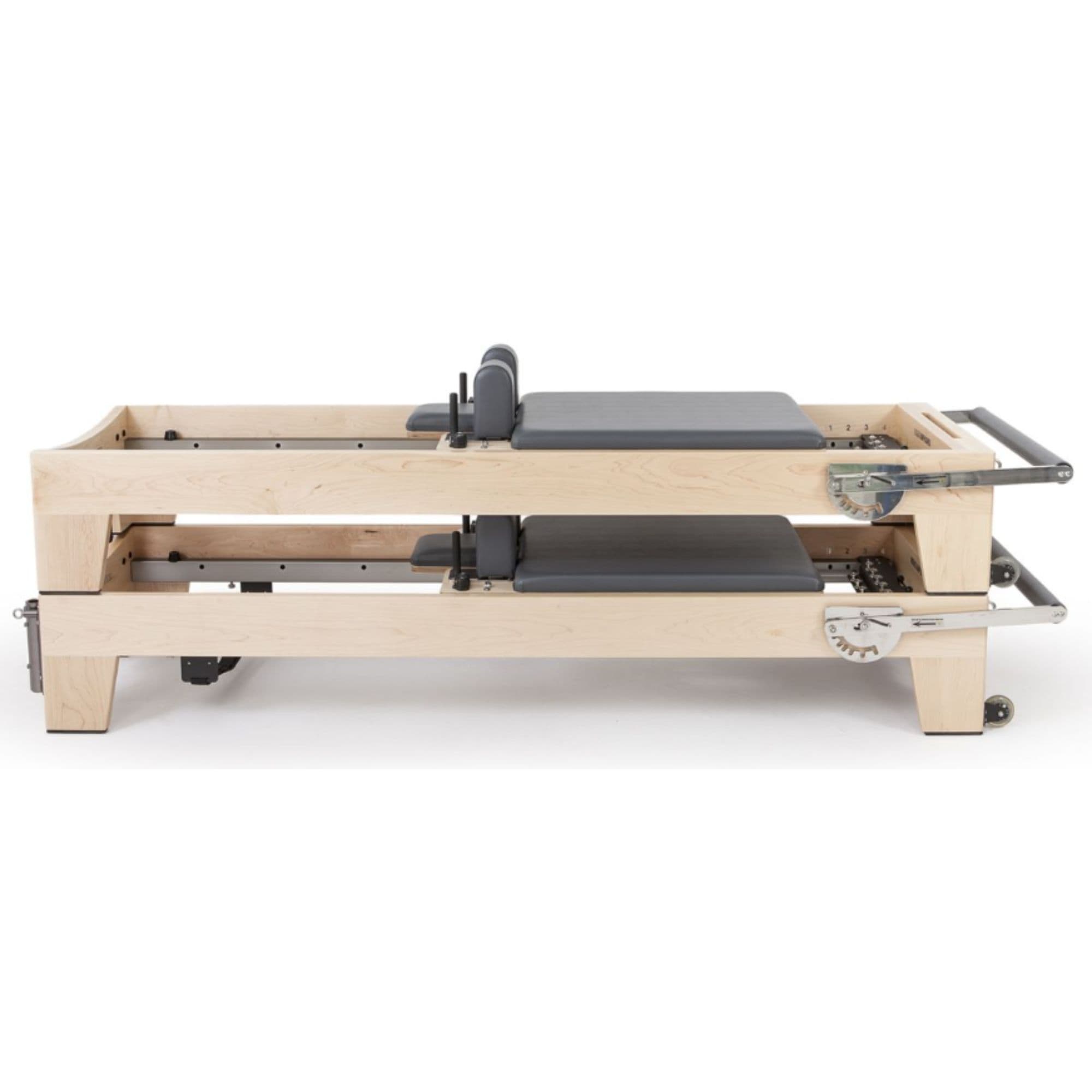Elina Elite Wood Reformer with Tower With Gray Variant Side View In Two Stacked Storage Position On White Background