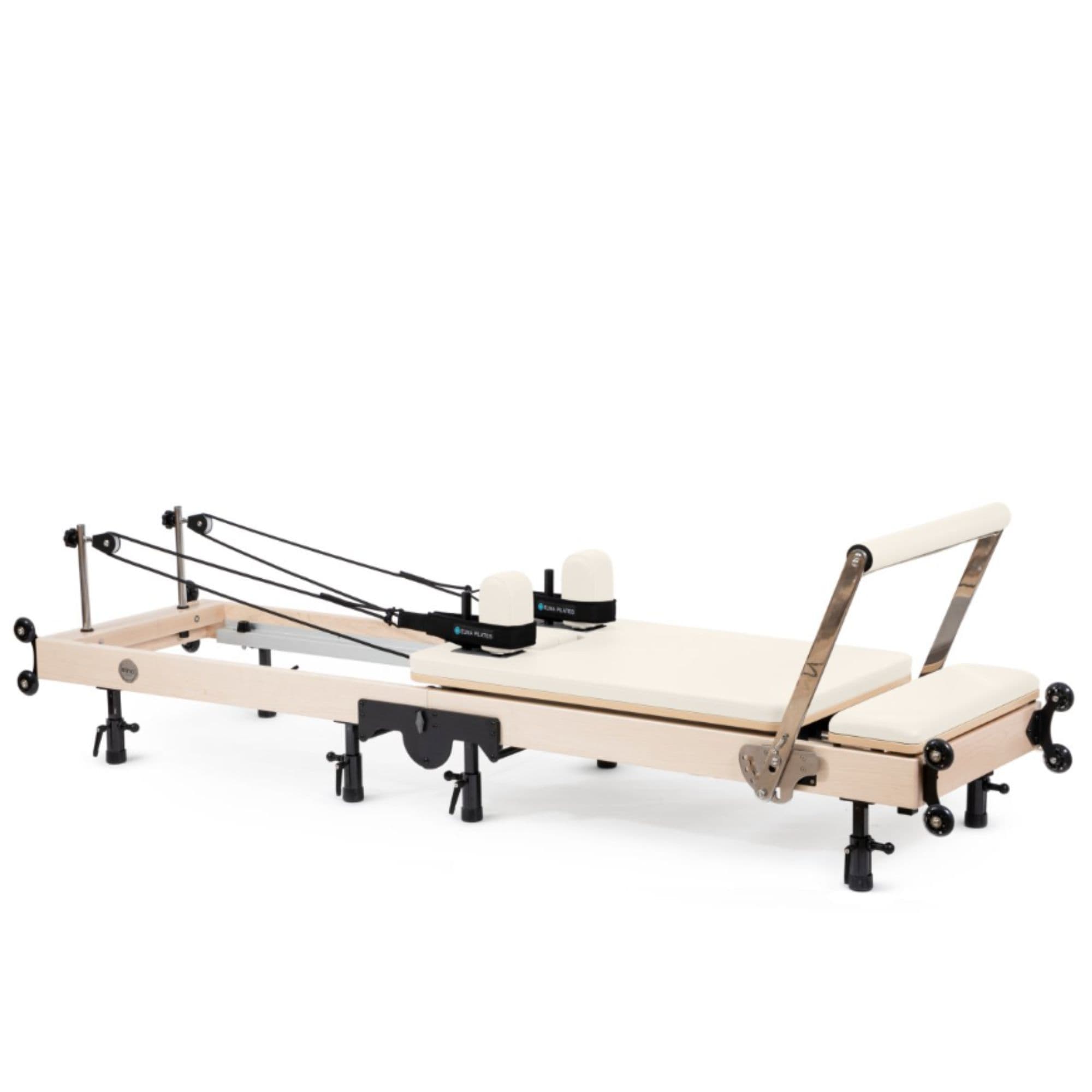 Elina Foldable Reformer for Home Ivory Variant Side View With Rope And Spring Resistance System