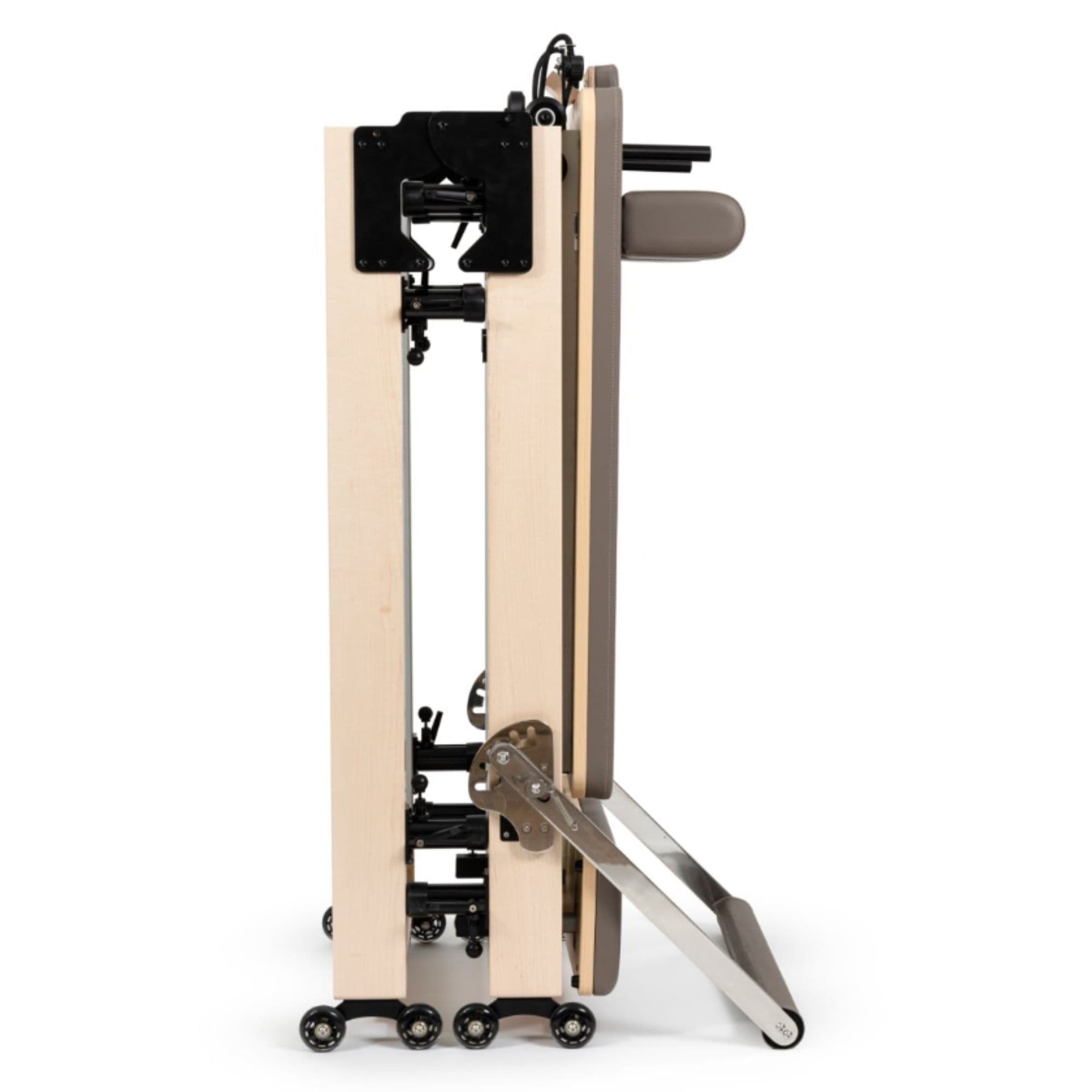 Elina Nubium Pilates Reformer Mocha Variant Side View Showing Space-Saving Folded Configuration On White Background