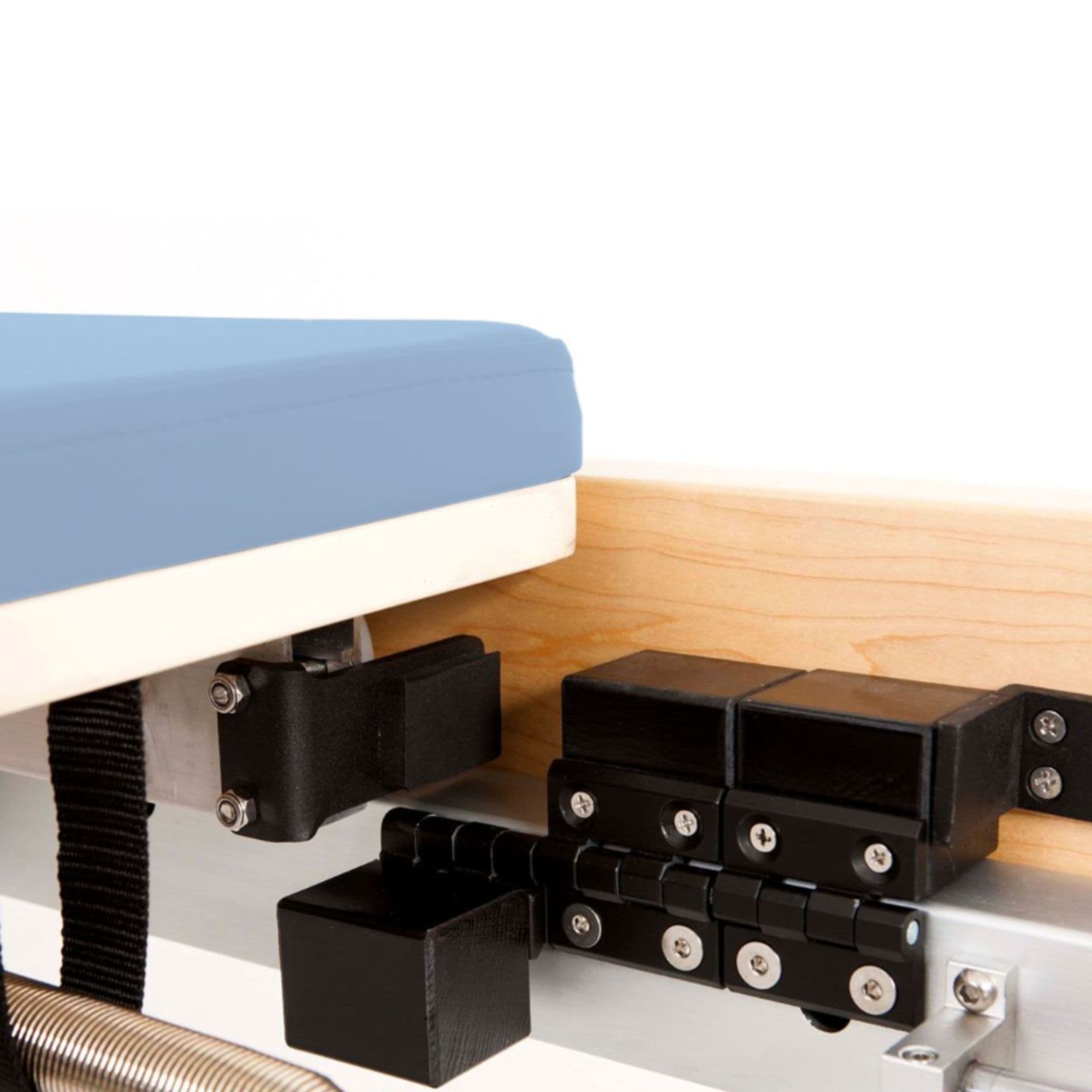 Elina Physio Pilates Reformer Wood Close-Up View Of Folding Lock And Internal Hardware