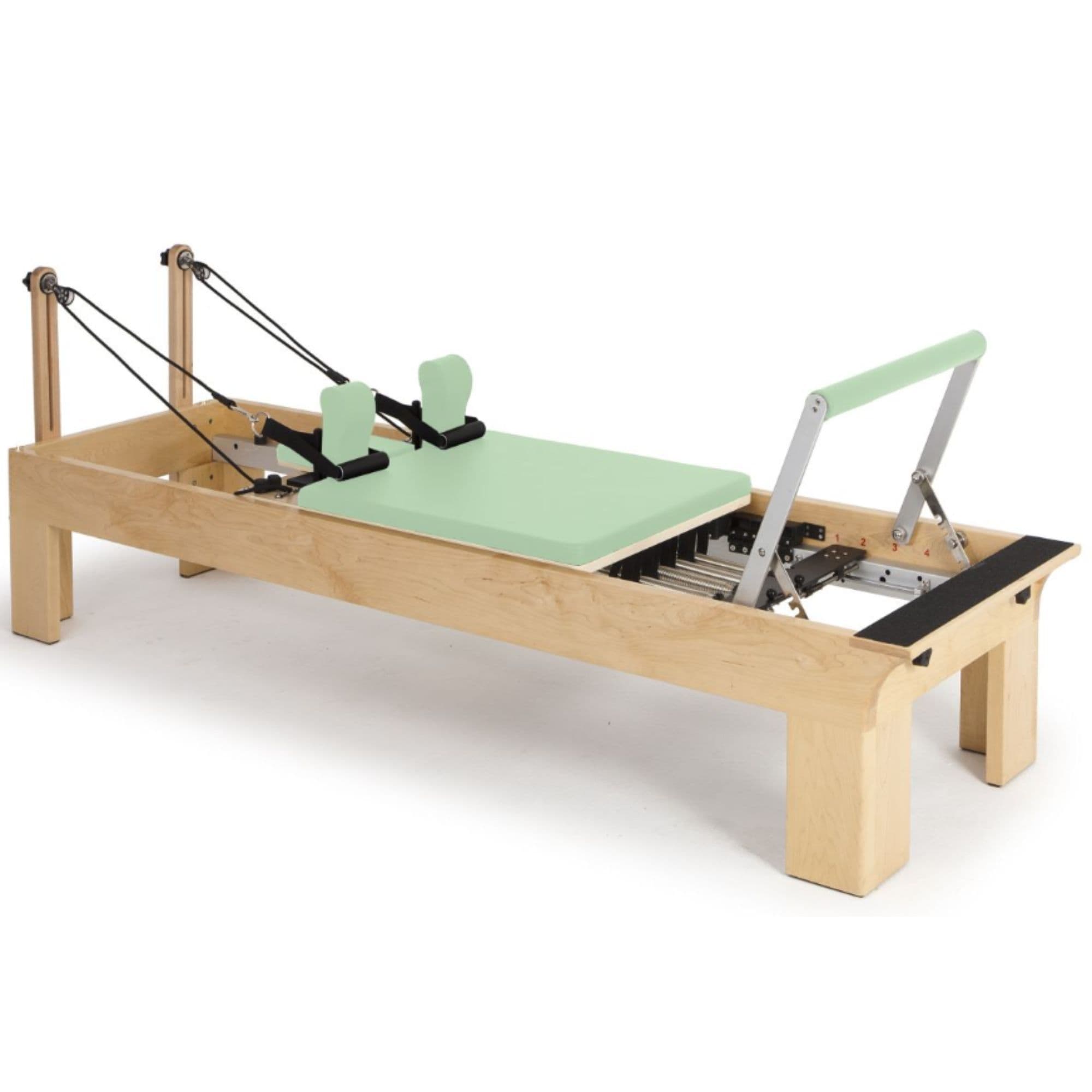Elina Physio Wood Reformer Green Variant Front Angled View With Complete Set On White Background