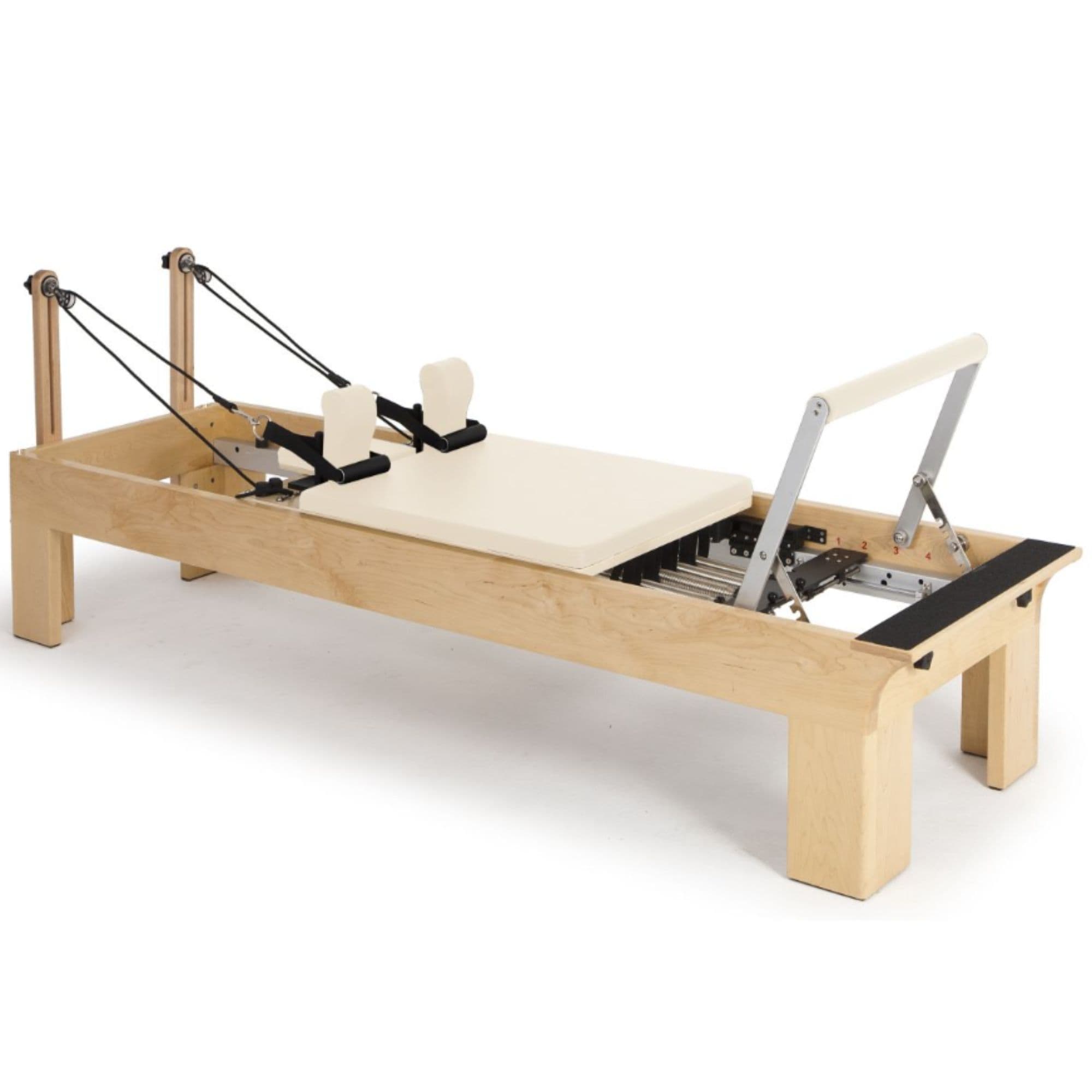 Elina Physio Wood Reformer Ivory Variant Front Angled View With Complete Set On White Background