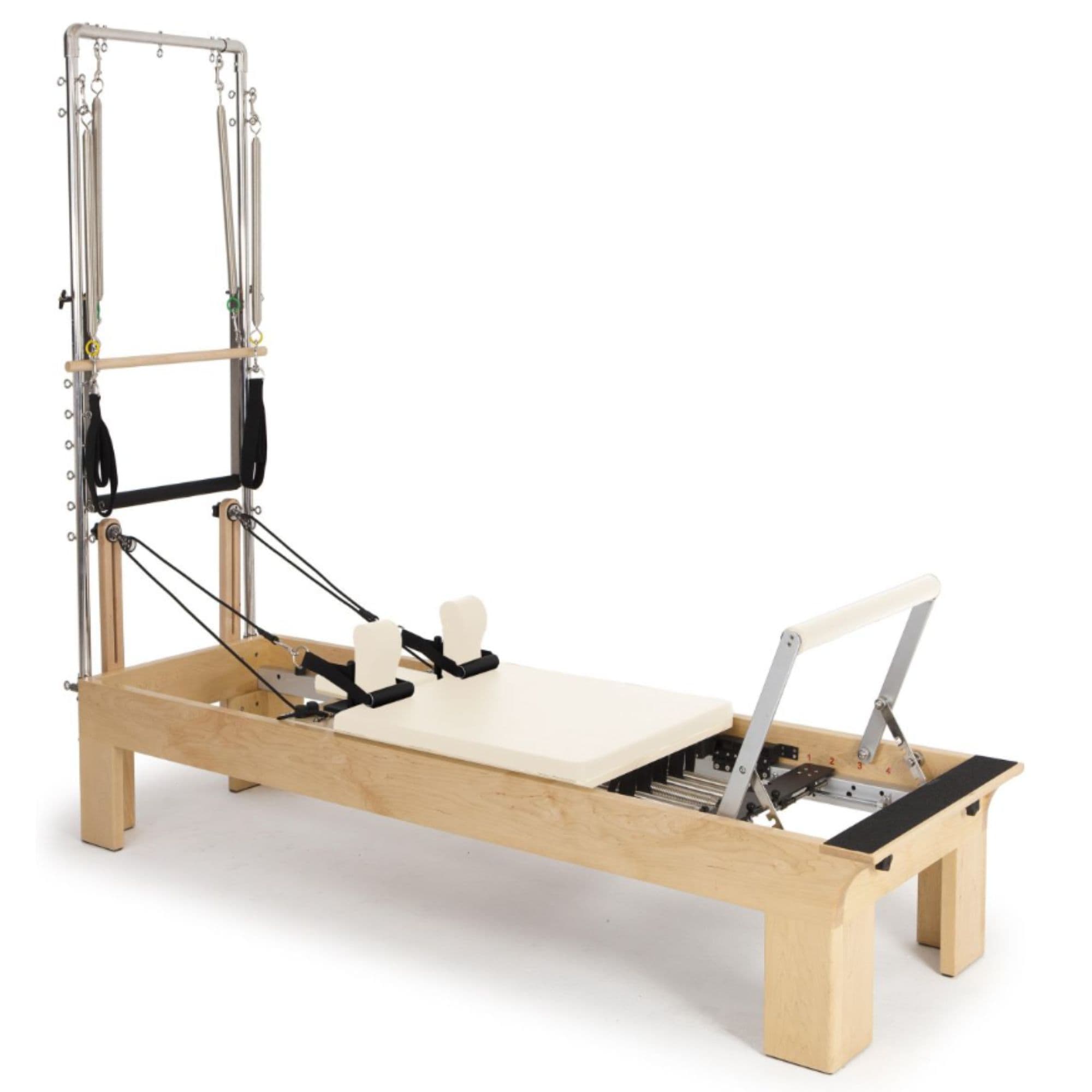 Elina Physio Wood Reformer with Tower Ivory Variant Front Angled View With Complete Set On White Background