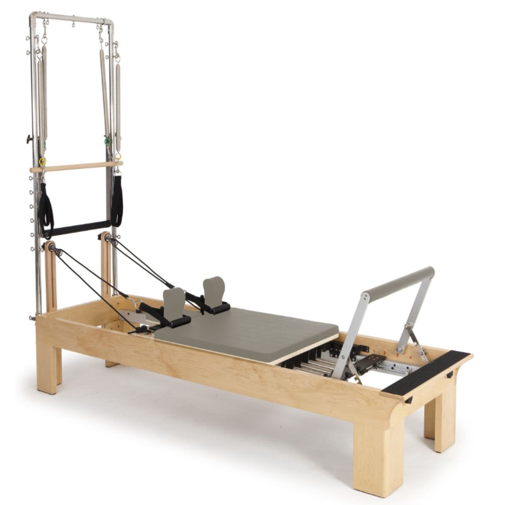 Elina Physio Wood Reformer with Tower Mocha Variant Front Angled View With Complete Set On White Background