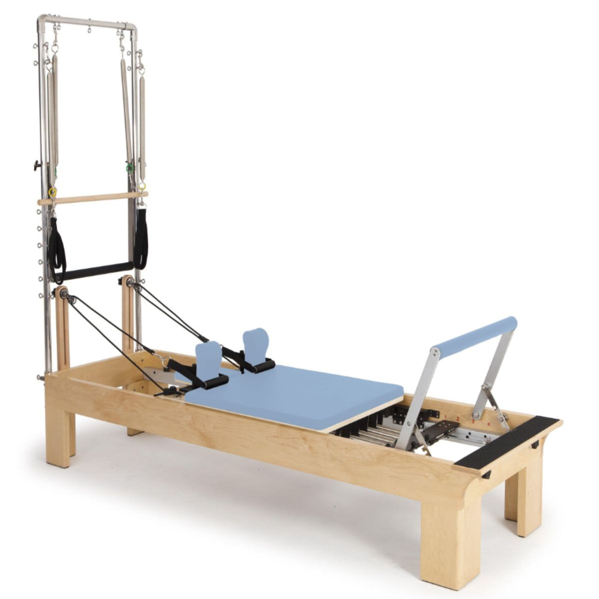 Elina Physio Wood Reformer with Tower Ocean Blue Variant Front Angled View With Complete Set On White Background