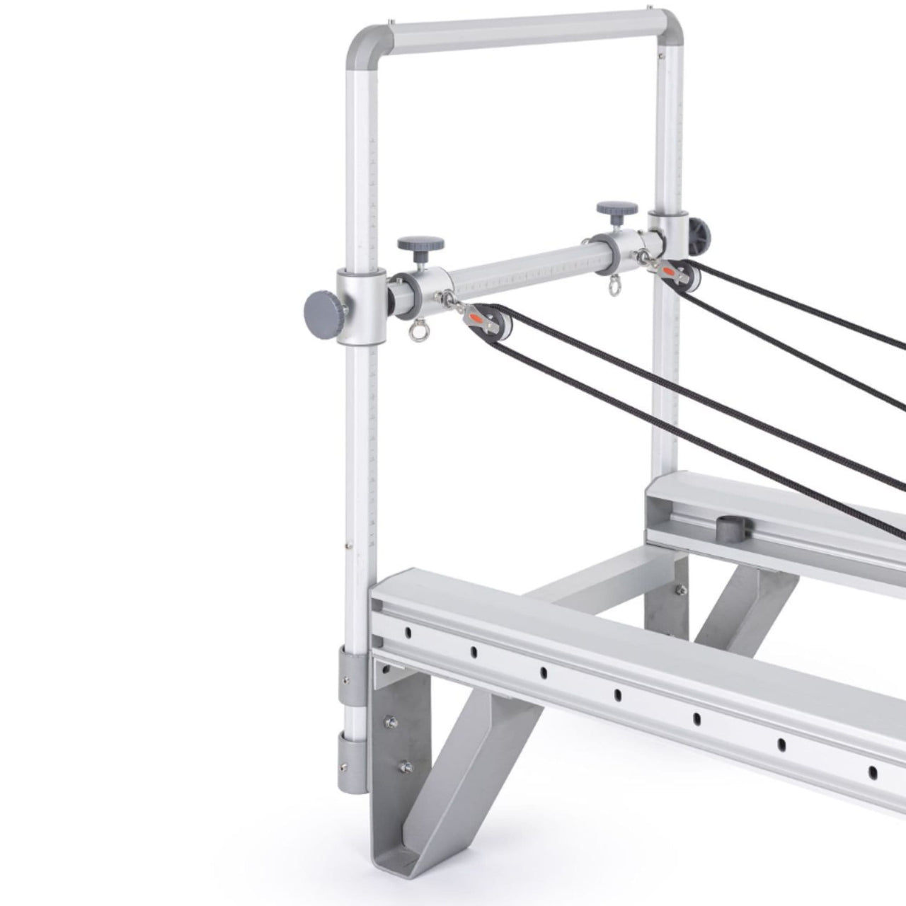 Elina Pilates Aluminium Reformer Mentor Close-Up View Of Adjustable Pulley Riser System With Height And Width Adjustments On White Background