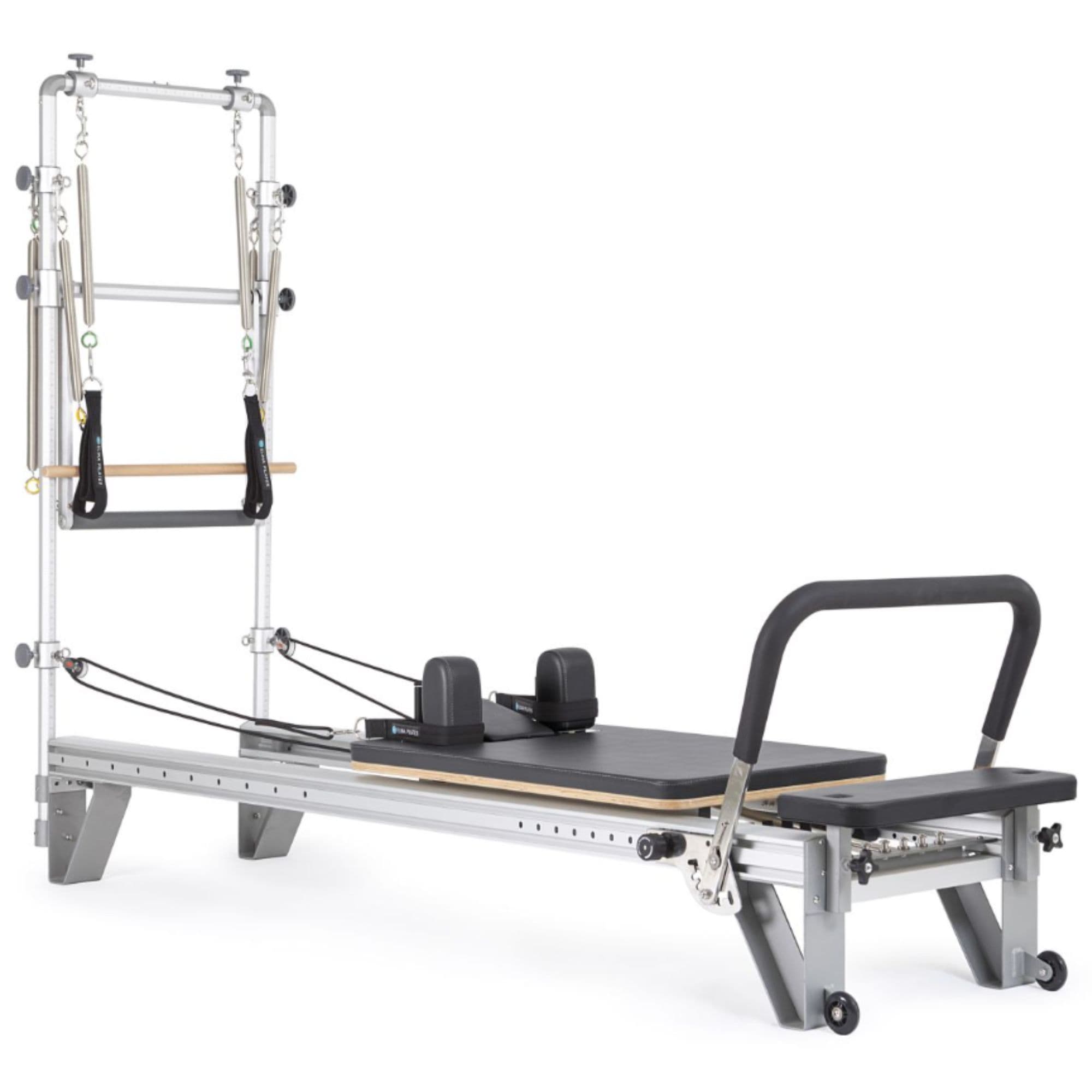 Elina Pilates Aluminium Reformer Mentor with Tower Black Variant Front Angled View On White Background