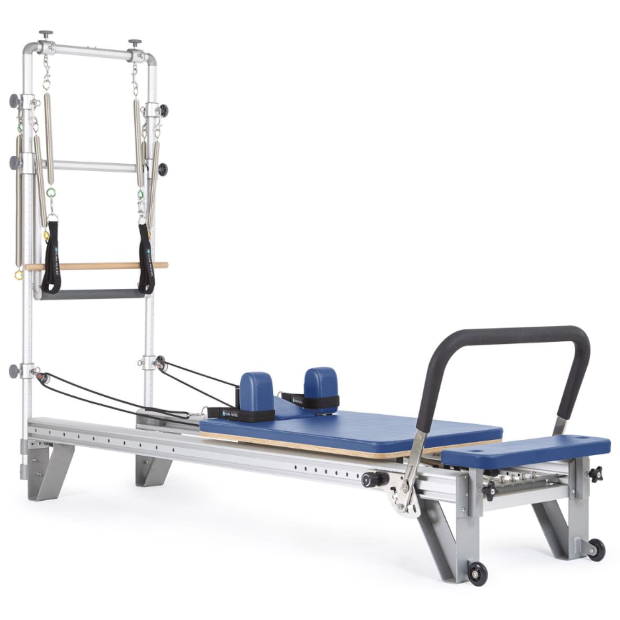 Elina Pilates Aluminium Reformer Mentor with Tower Blue Variant Front Angled View On White Background