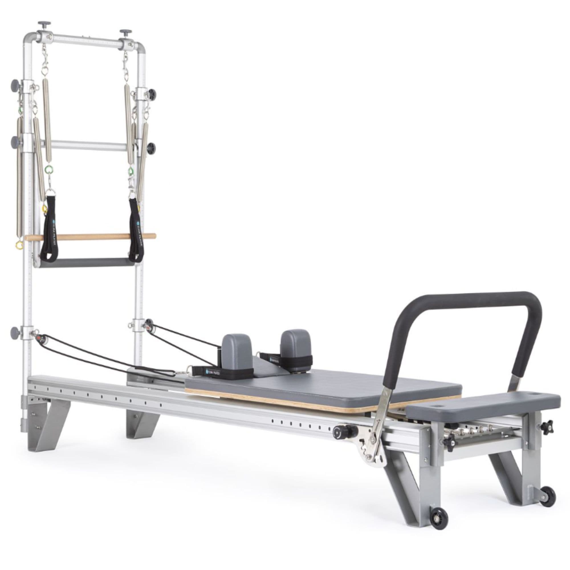 Elina Pilates Aluminium Reformer Mentor with Tower Grey Variant Front Angled View On White Background