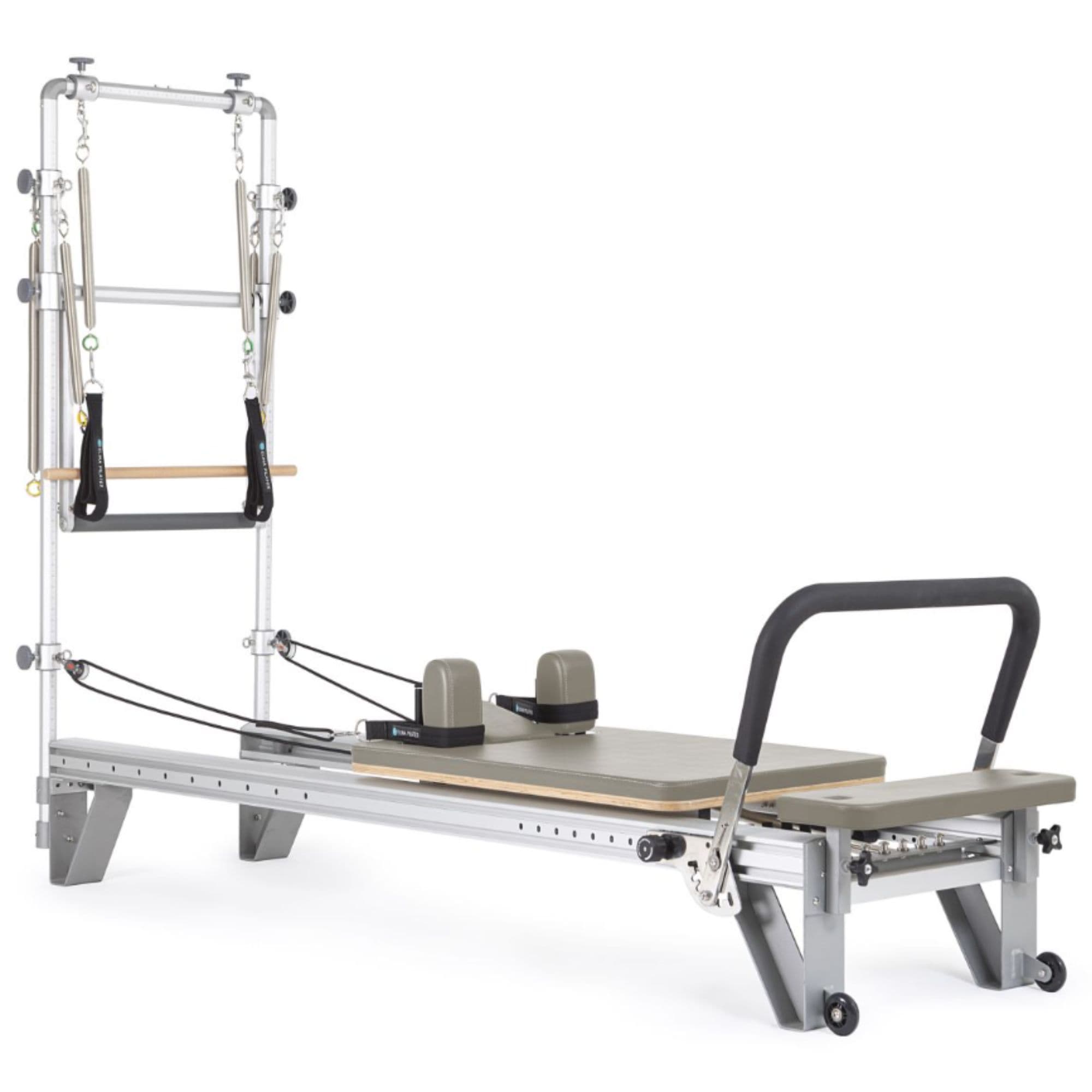 Elina Pilates Aluminium Reformer Mentor with Tower Mocha Variant Front Angled View On White Background