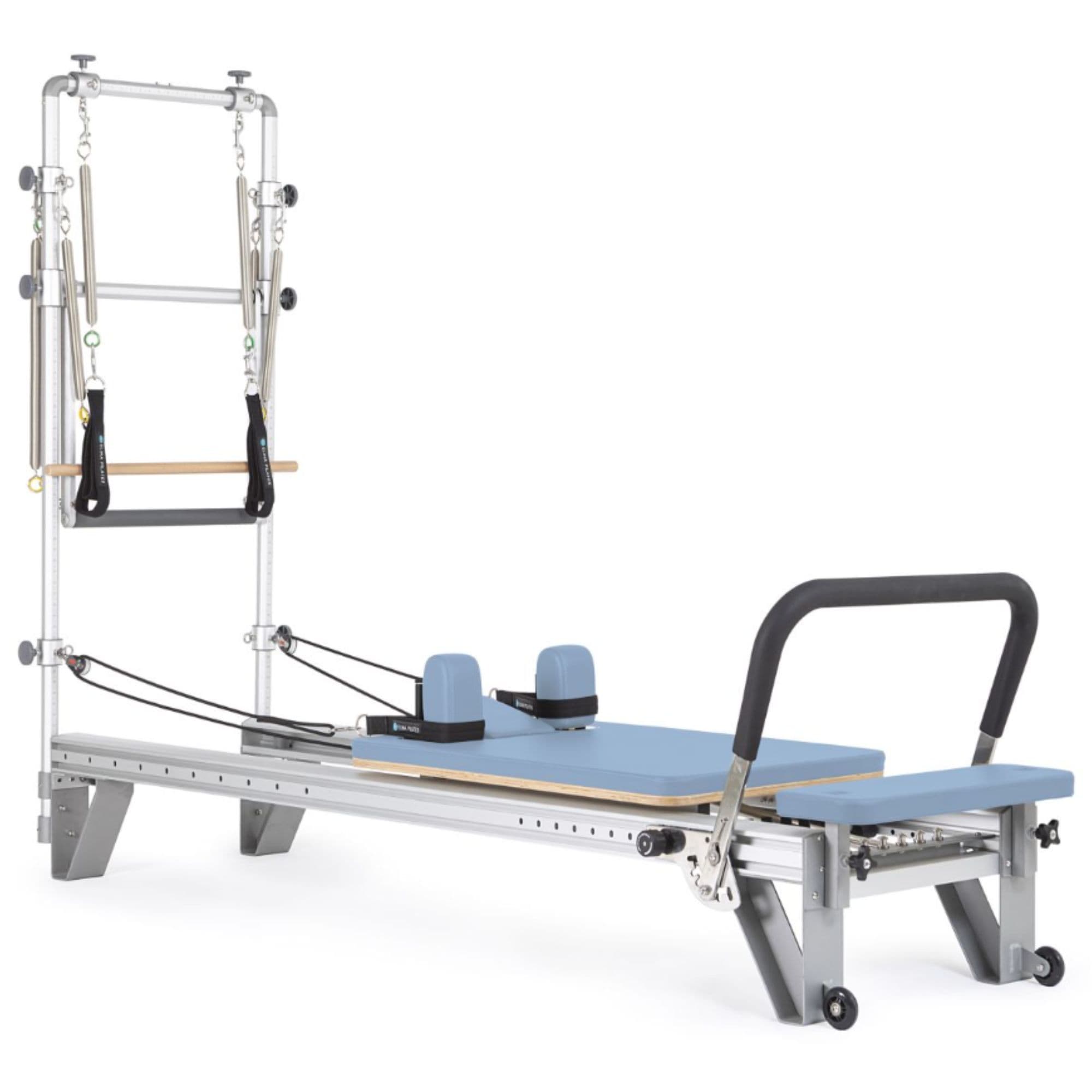 Elina Pilates Aluminium Reformer Mentor with Tower Ocean Blue Variant Front Angled View On White Background