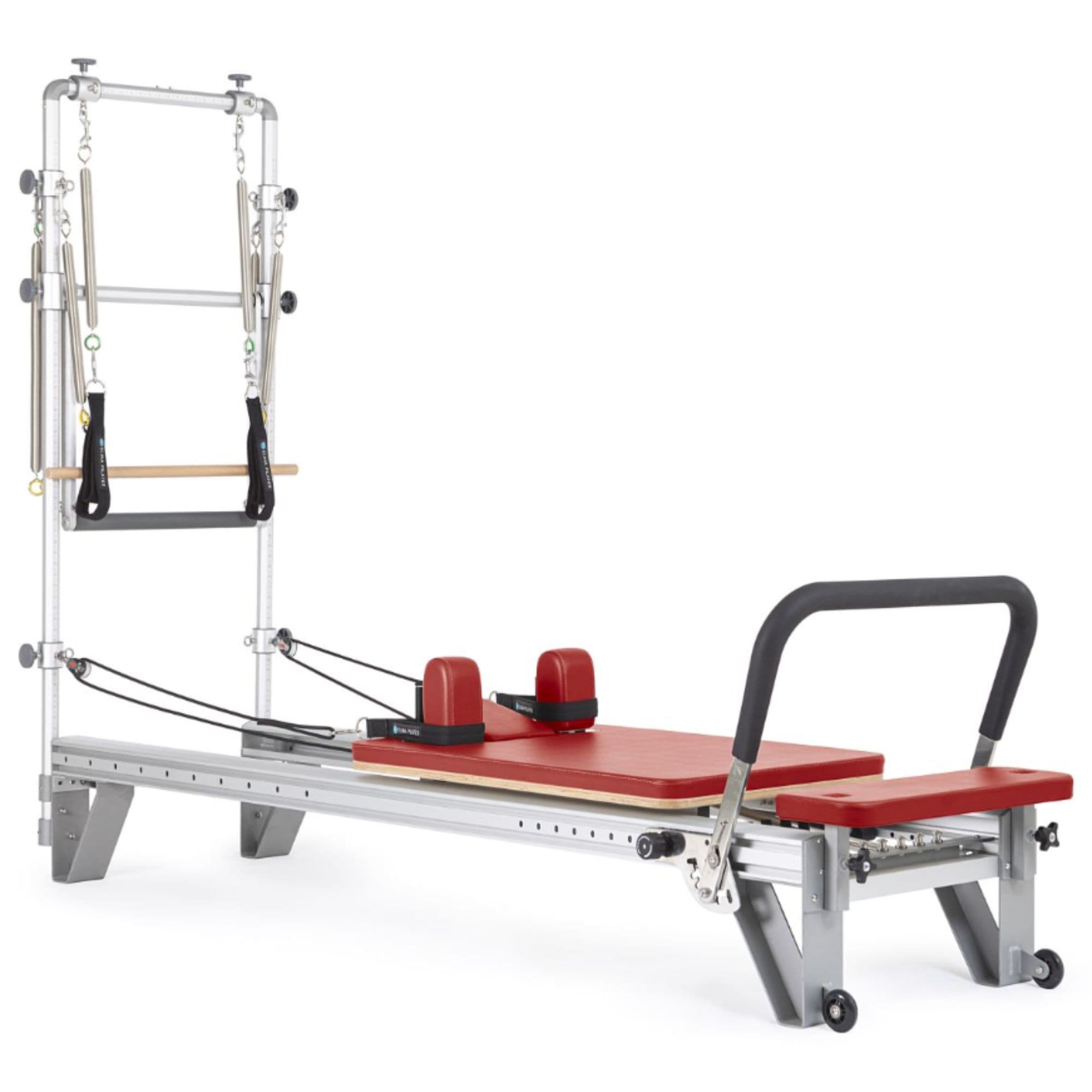 Elina Pilates Aluminium Reformer Mentor with Tower Red Variant Front Angled View On White Background