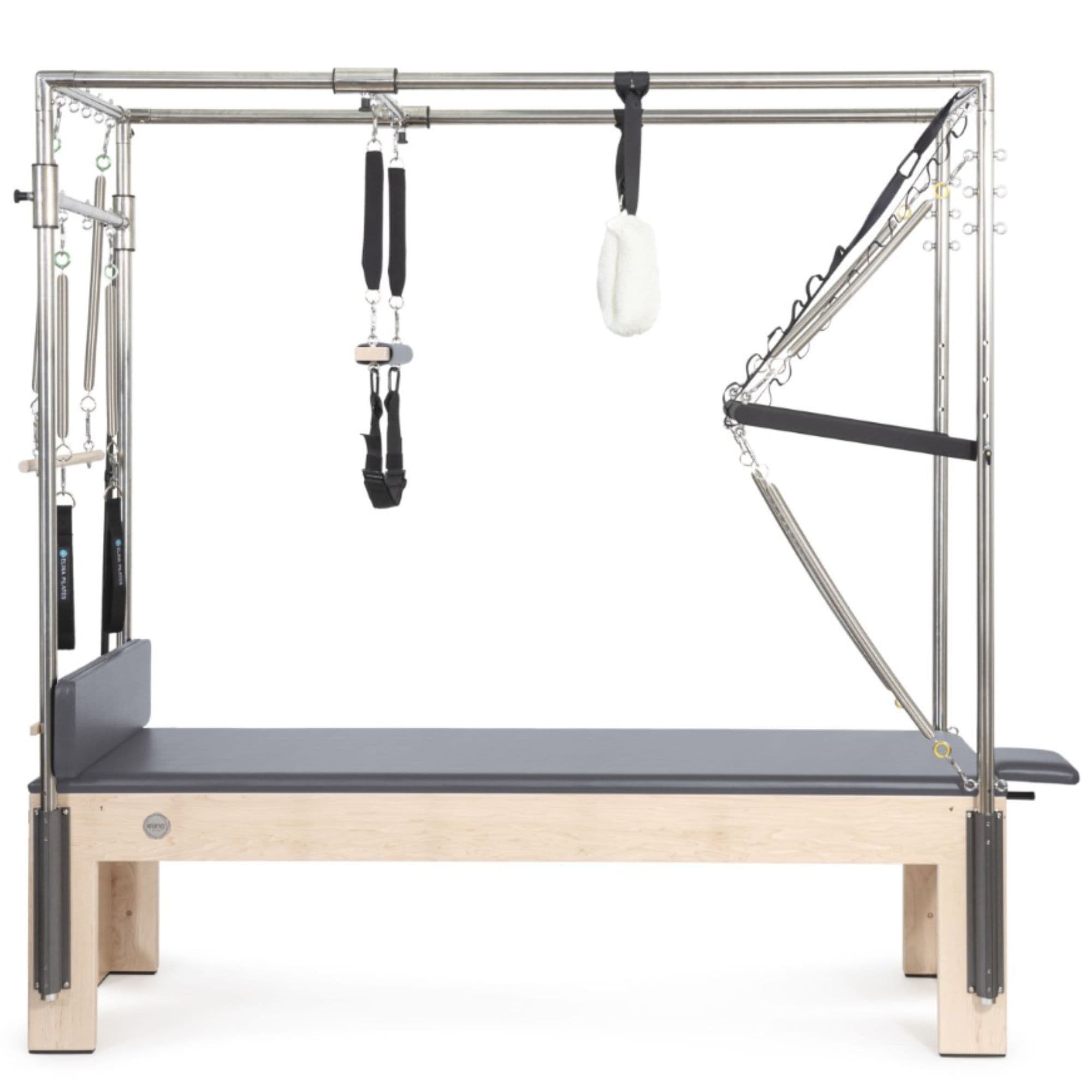 Elina Pilates Cadillac Gray Variant Side View Showing Full Tower Attachment On White Background