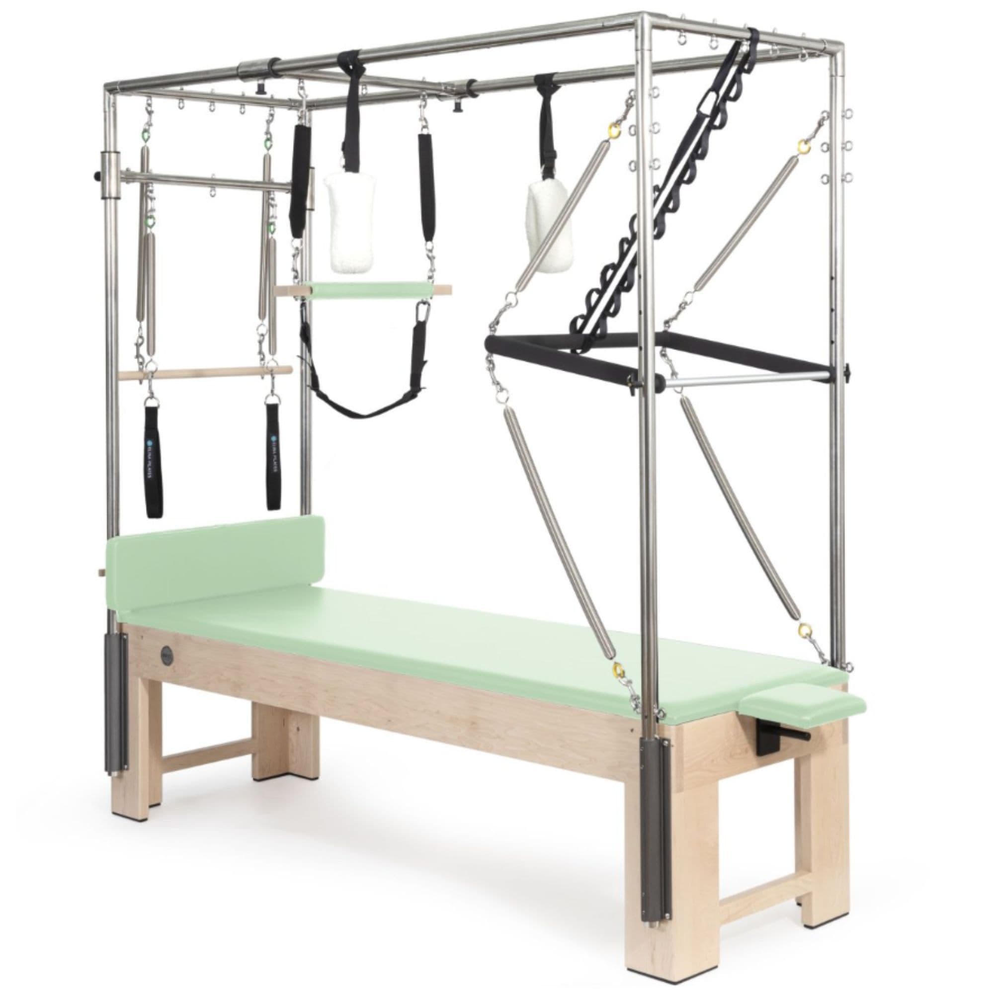 Elina Pilates Cadillac Green Variant Front Angled View Showing Full Tower Attachment On White Background
