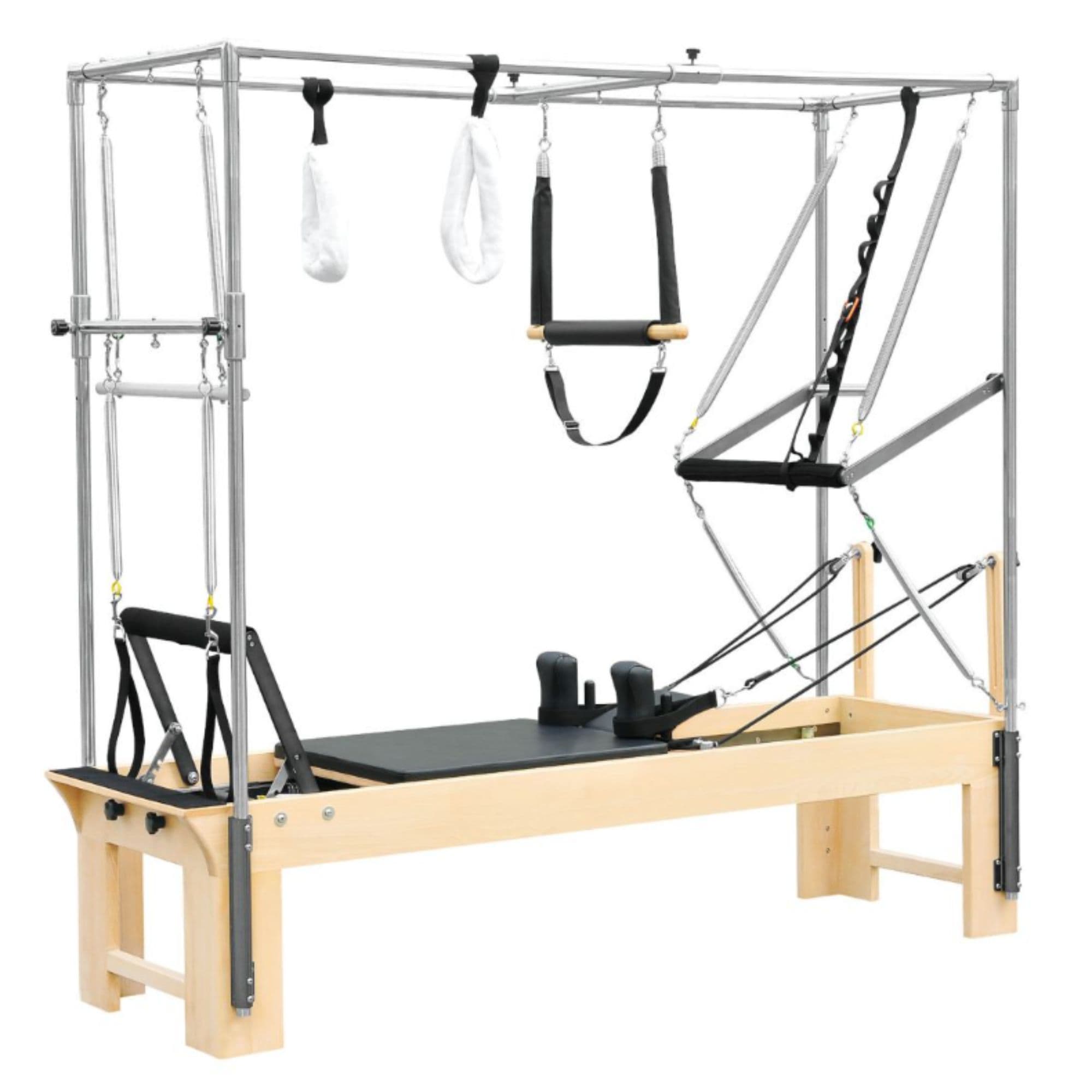 Elina Pilates Cadillac Reformer Black Variant Front Angled View Showing Full Tower Attachment On White Background