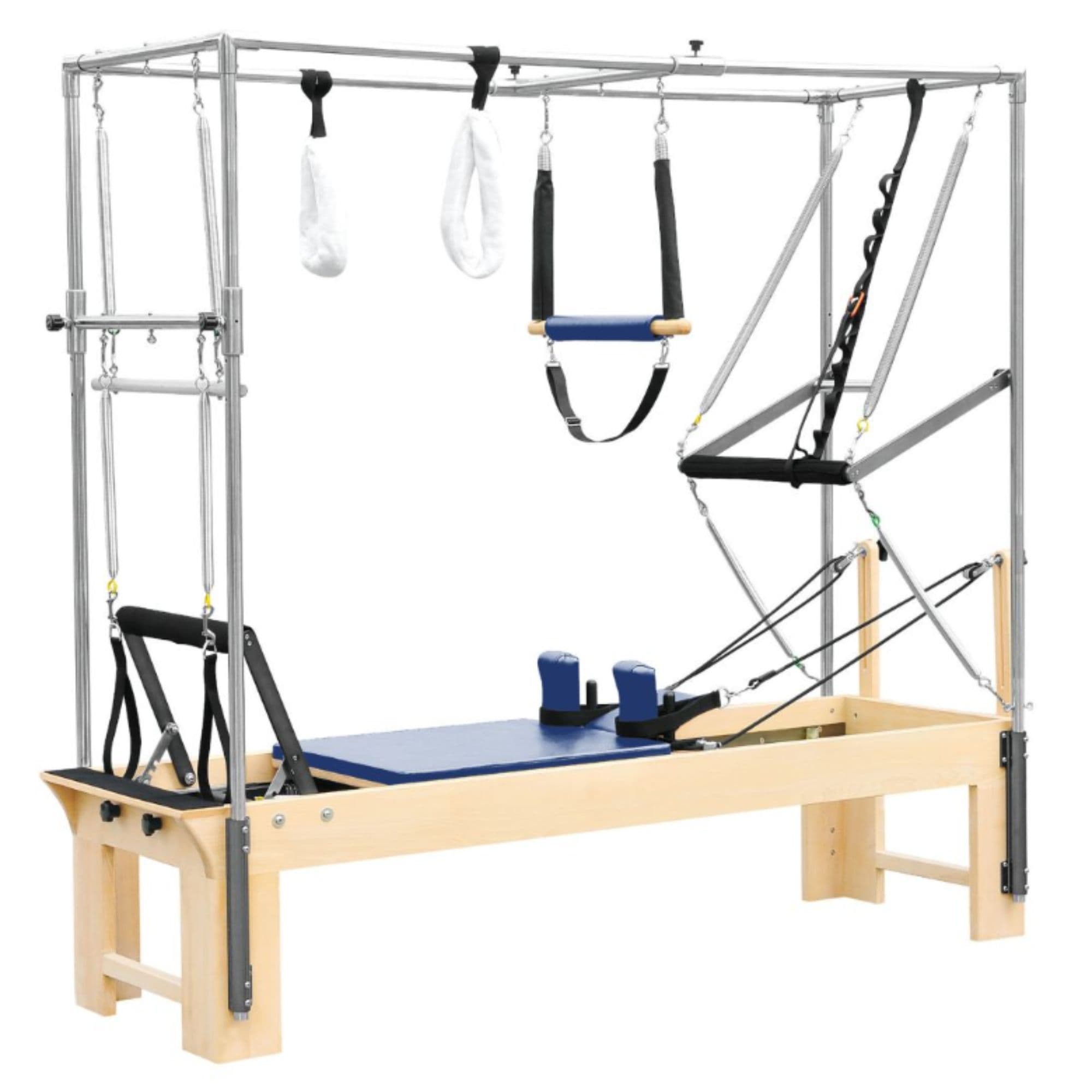 Elina Pilates Cadillac Reformer Blue Variant Front Angled View Showing Full Tower Attachment On White Background