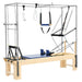 Elina Pilates Cadillac Reformer Blue Variant Front Angled View Showing Full Tower Attachment On White Background