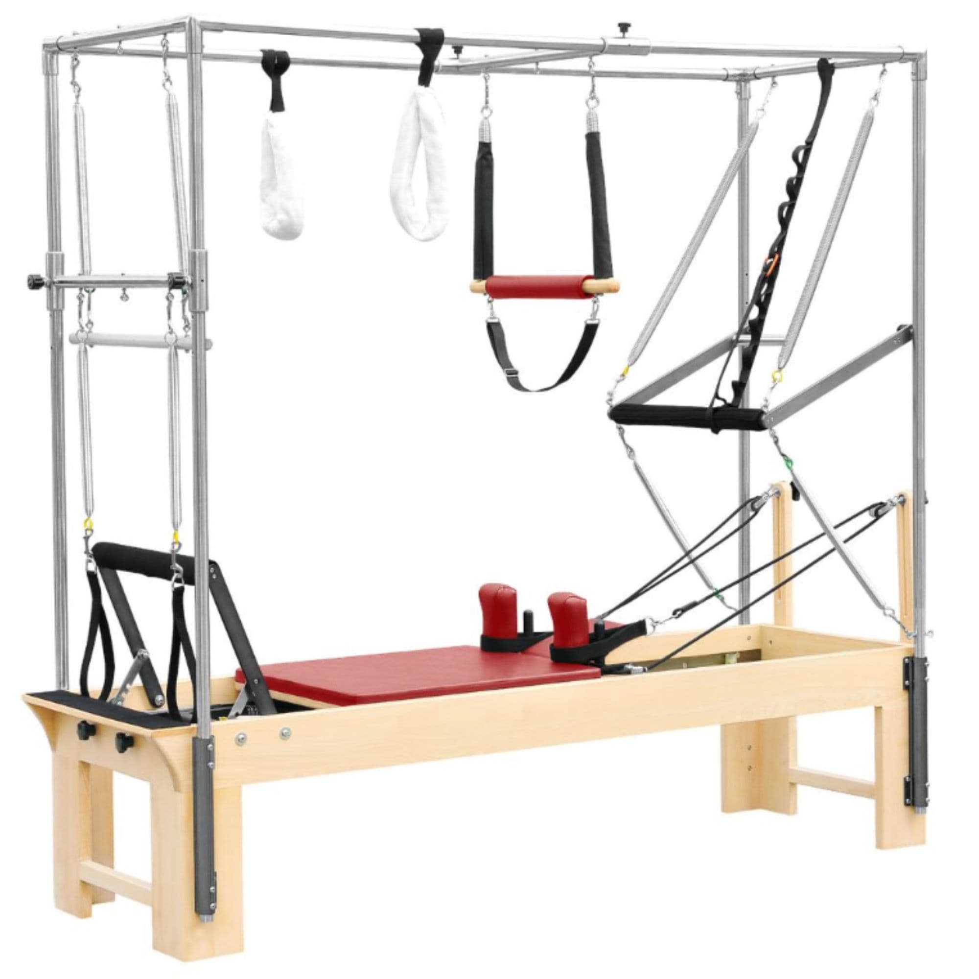 Elina Pilates Cadillac Reformer Bundle Red Variant Front Angled View Showing Full Tower Attachment On White Background