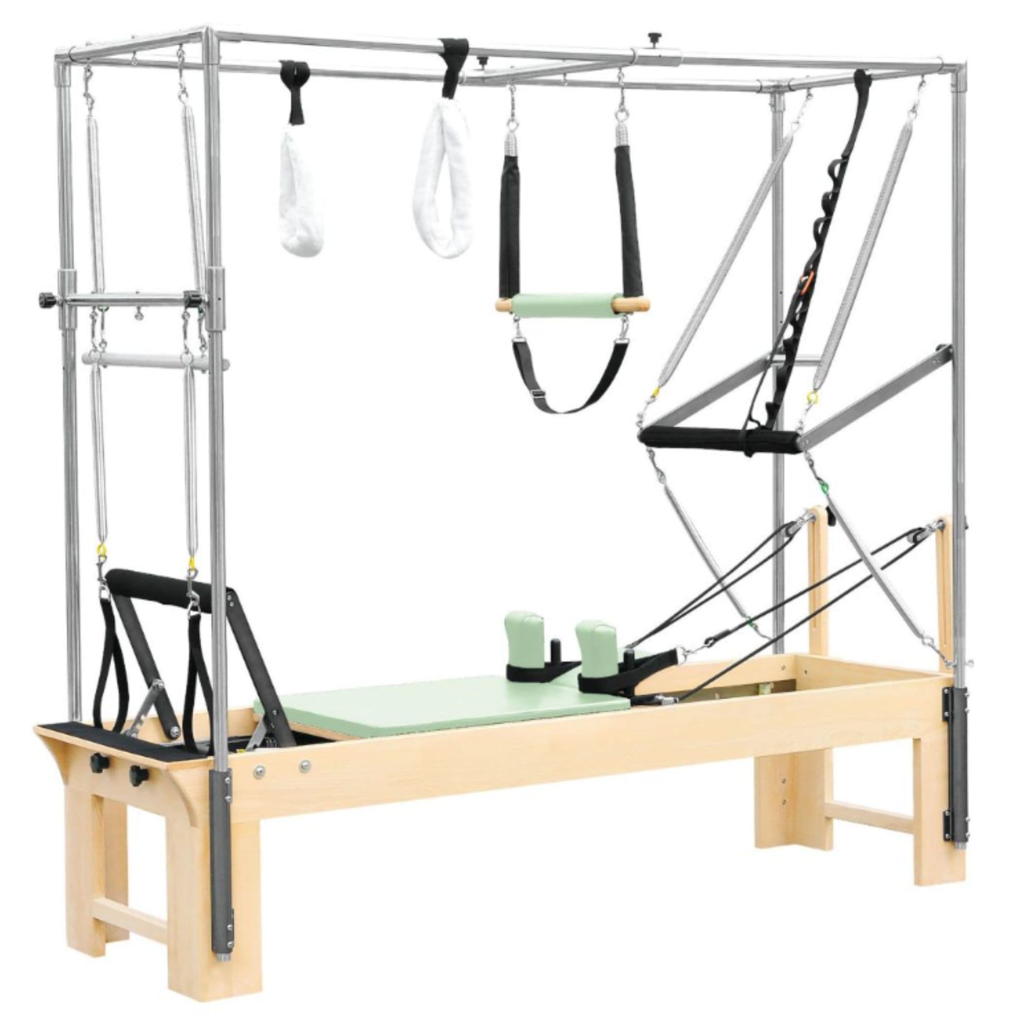 Elina Pilates Cadillac Reformer Green Variant Front Angled View Showing Full Tower Attachment On White Background