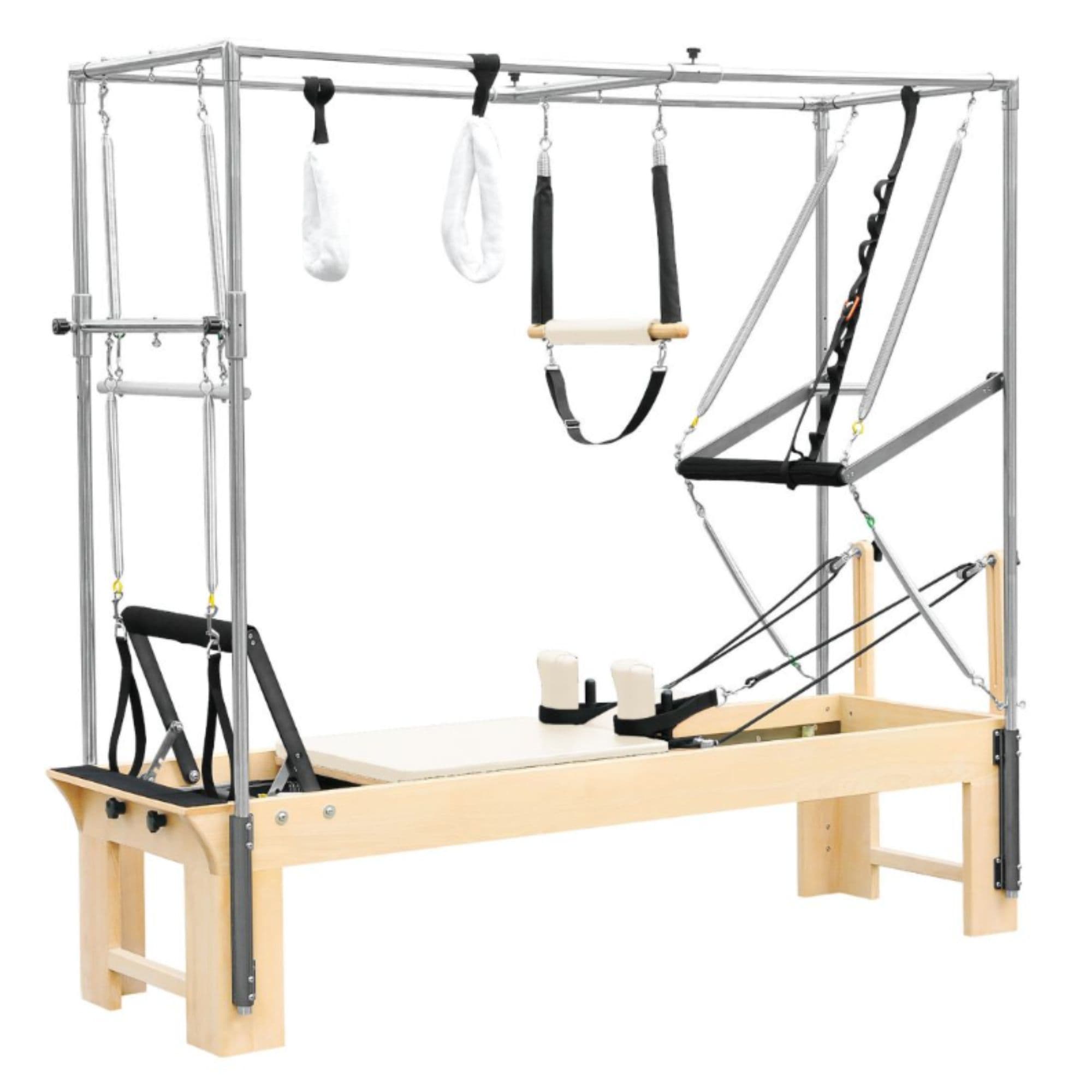 Elina Pilates Cadillac Reformer Ivory Variant Front Angled View Showing Full Tower Attachment On White Background