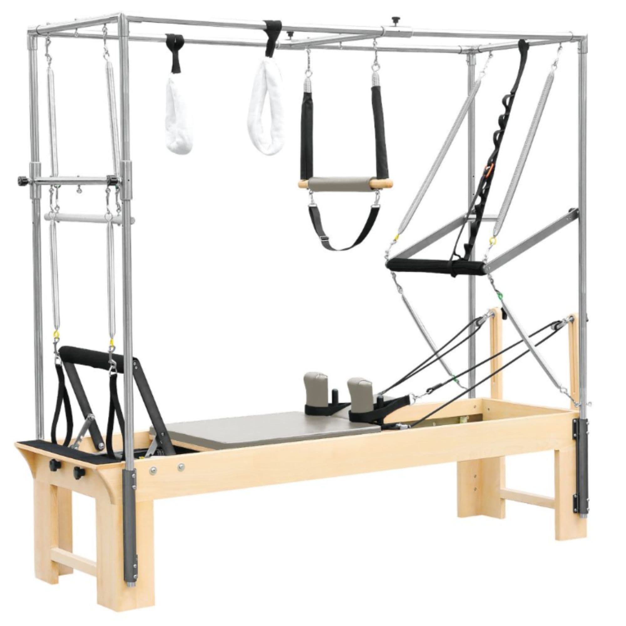 Elina Pilates Cadillac Reformer Mocha Variant Front Angled View Showing Full Tower Attachment On White Background